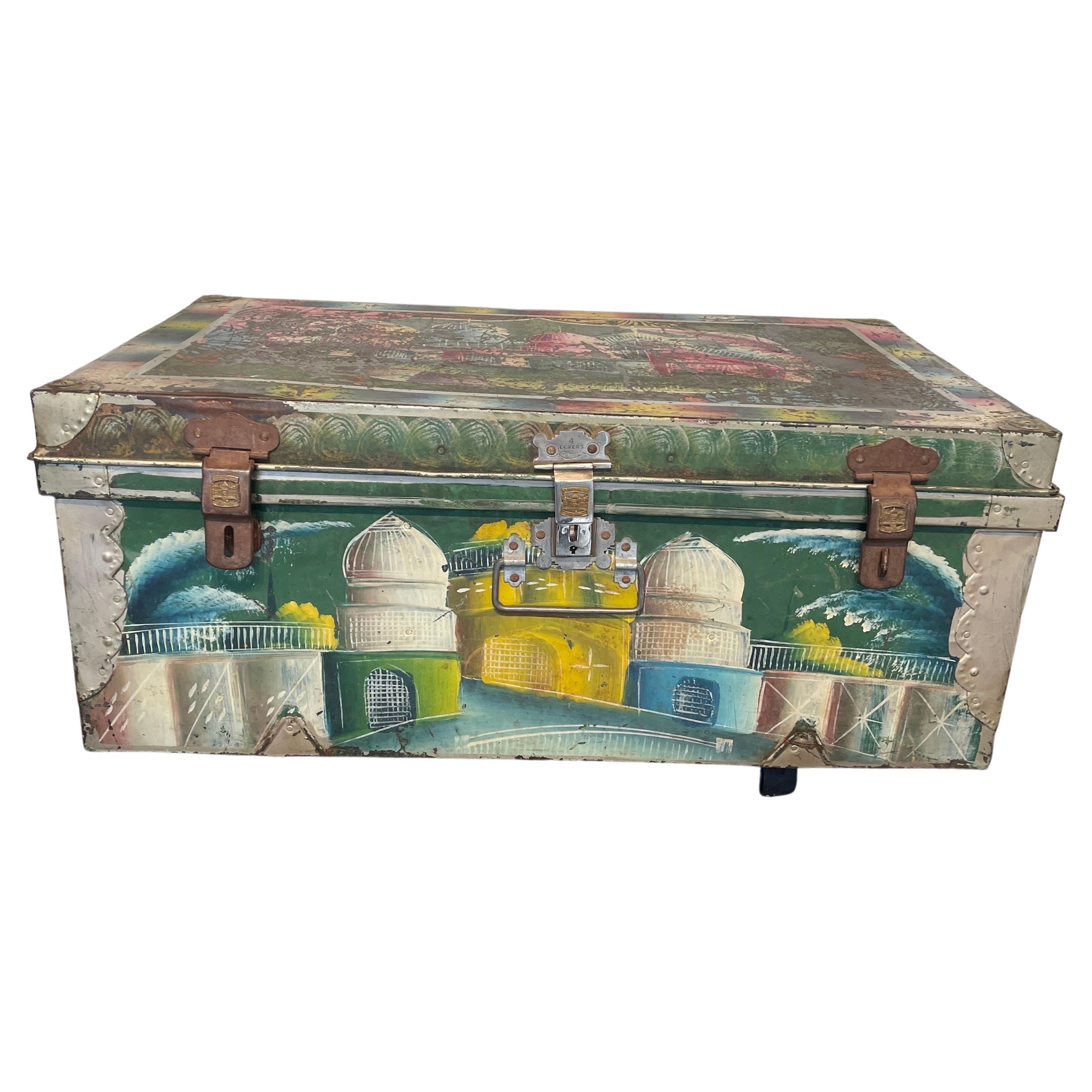 Indian Vintage Hand Painted Suitcase Metal Trunk, Maker's Mark Khwaja, Bombay, India For Sale