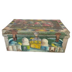 Vintage Hand Painted Suitcase Metal Trunk, Maker's Mark Khwaja, Bombay, India
