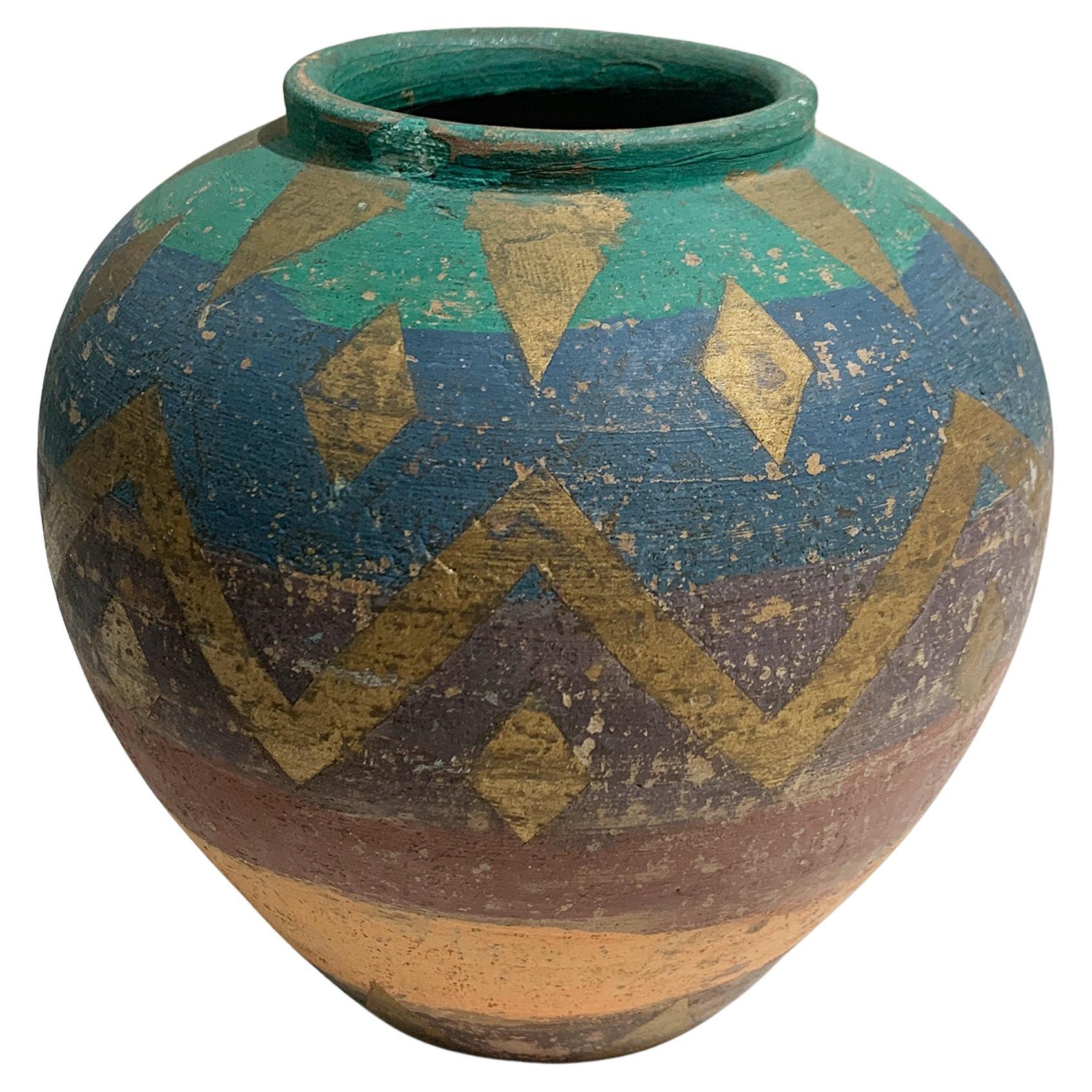 Vaso in terracotta dipinto a mano d'ispirazione azteca, CIRCA 1960