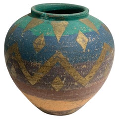 Vintage Hand Painted Terracotta Aztec Inspired Pottery Vase, Circa 1960