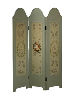 Vintage Hand Painted Three Panel French Wood Room Divider or Partition Screen