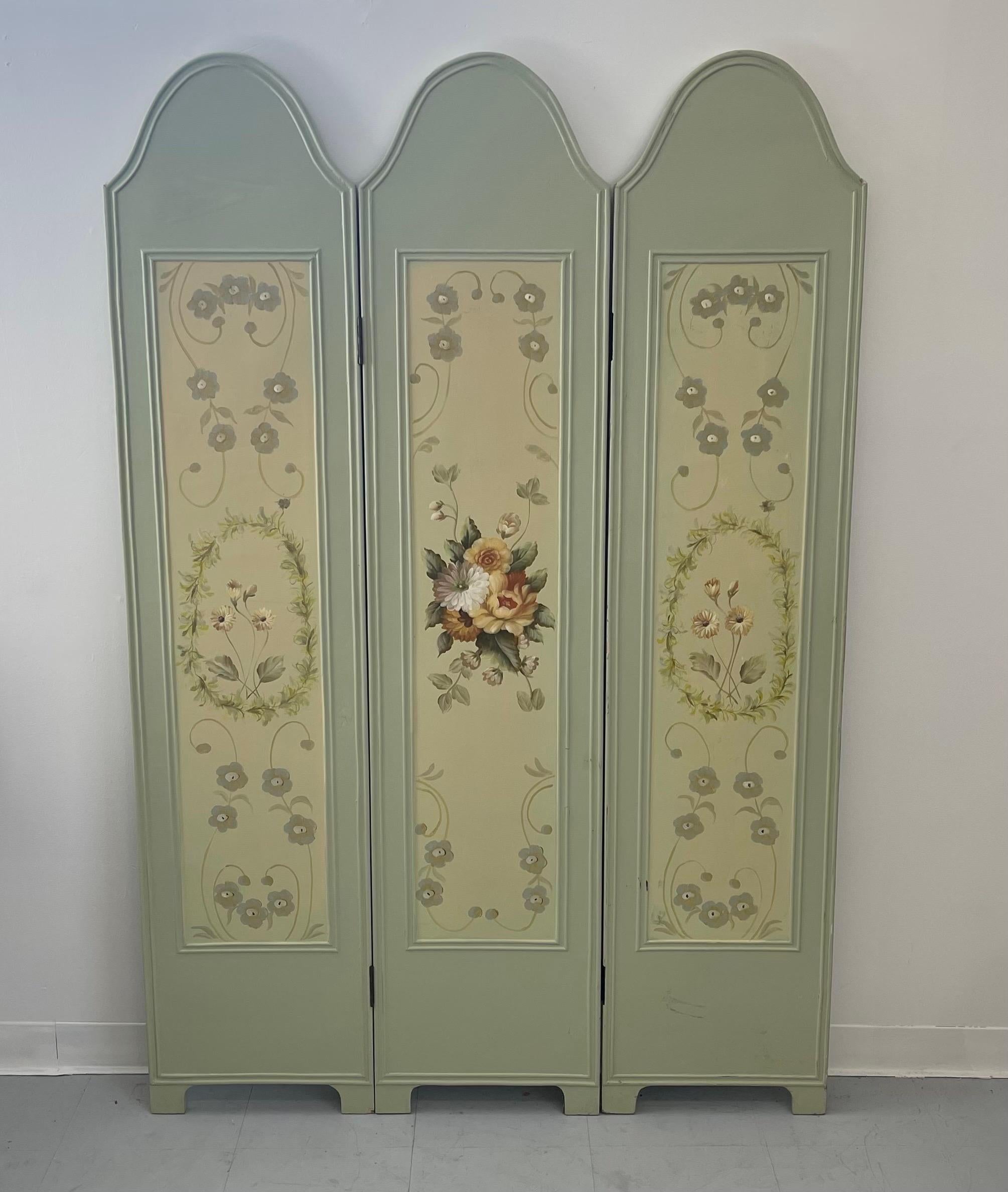 French Provincial Vintage Hand Painted Three Panel French Wood Room Divider or Partition Screen For Sale