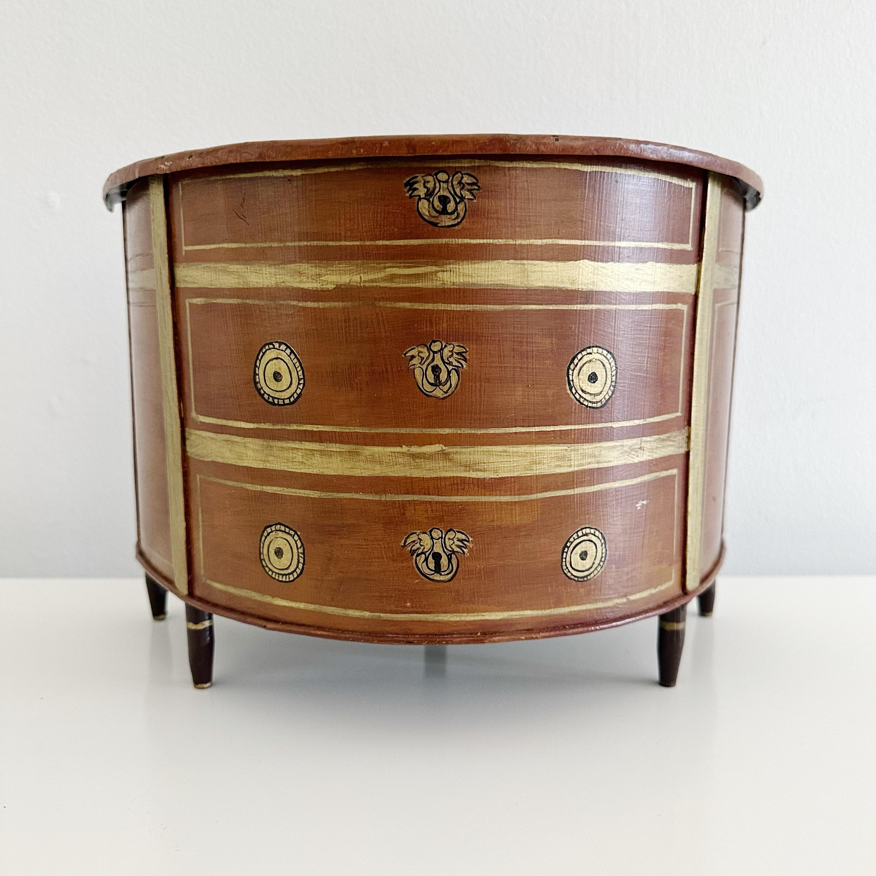 Federal Vintage Hand Painted Tole Box Resembling a Miniature Bowfront Chest of Drawers