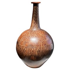 Vintage Hand-Painted Tribal Pottery Vase – Geometric Motifs & Aged Patina