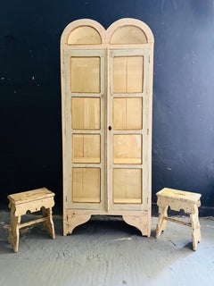 Vintage Hand Painted Wood Glazed Display Cabinet with Domed Double Doors