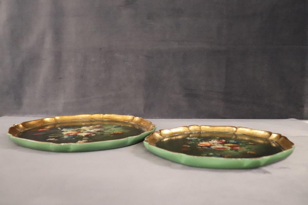 Italian Vintage Hand Painted Wood Set of 2 Trays For Sale