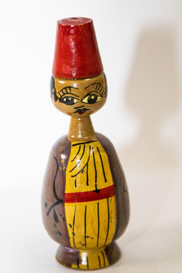 Moorish Vintage Hand-Painted Wood Spindle Egyptian Figure Collectible Doll For Sale