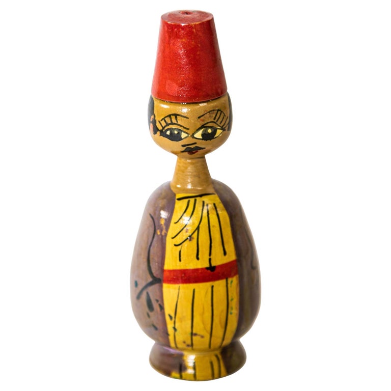 Vintage Hand-Painted Wood Spindle Egyptian Figure Collectible Doll For Sale