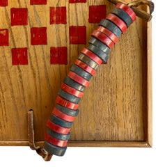 Vintage Hand-Painted Wooden Checkerboard with Original Red and Black Game Pieces