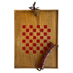Vintage Hand-Painted Wooden Checkerboard with Original Red and Black Game Pieces