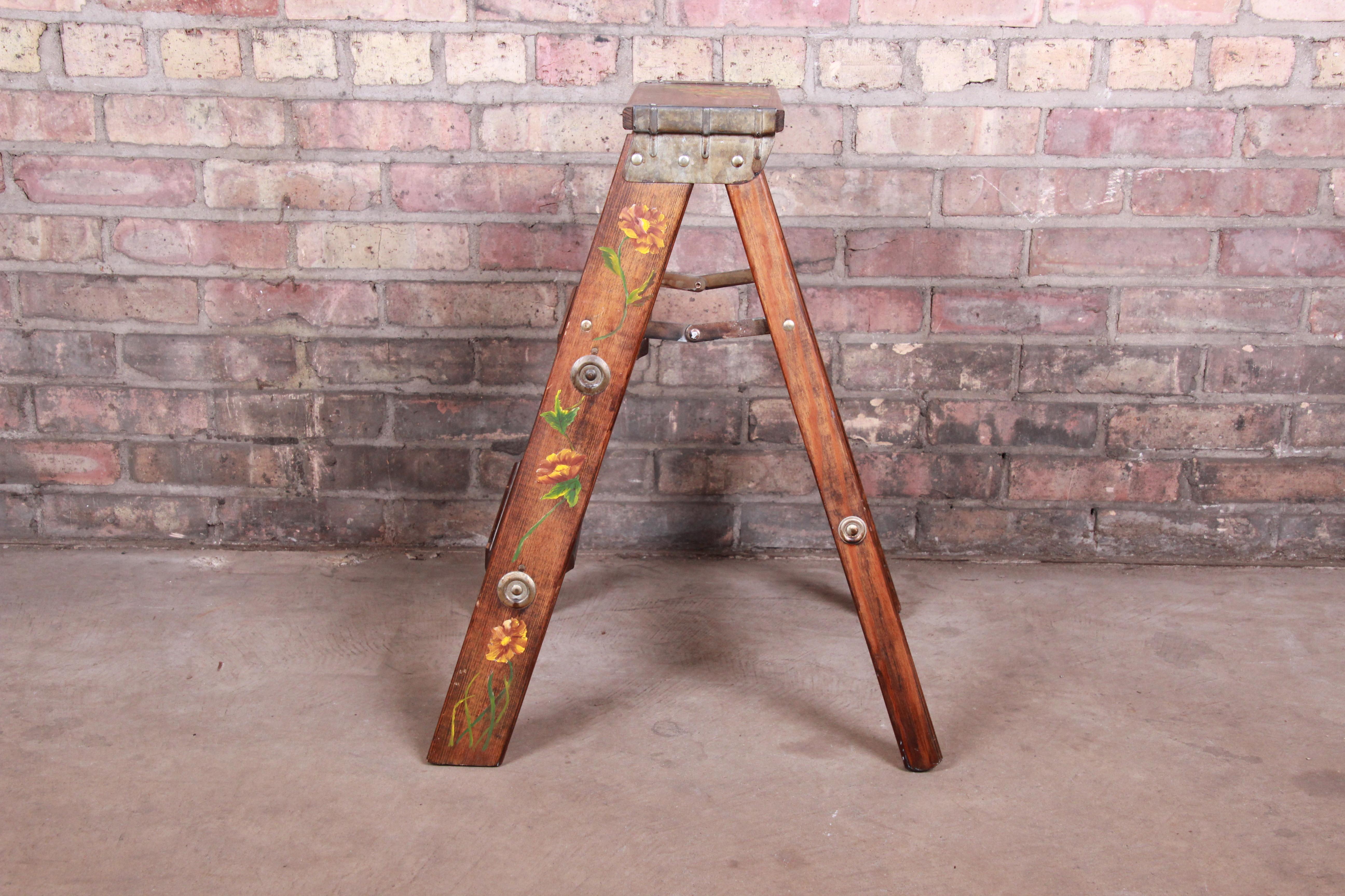 Rustic Vintage Hand Painted Wooden Step Ladder