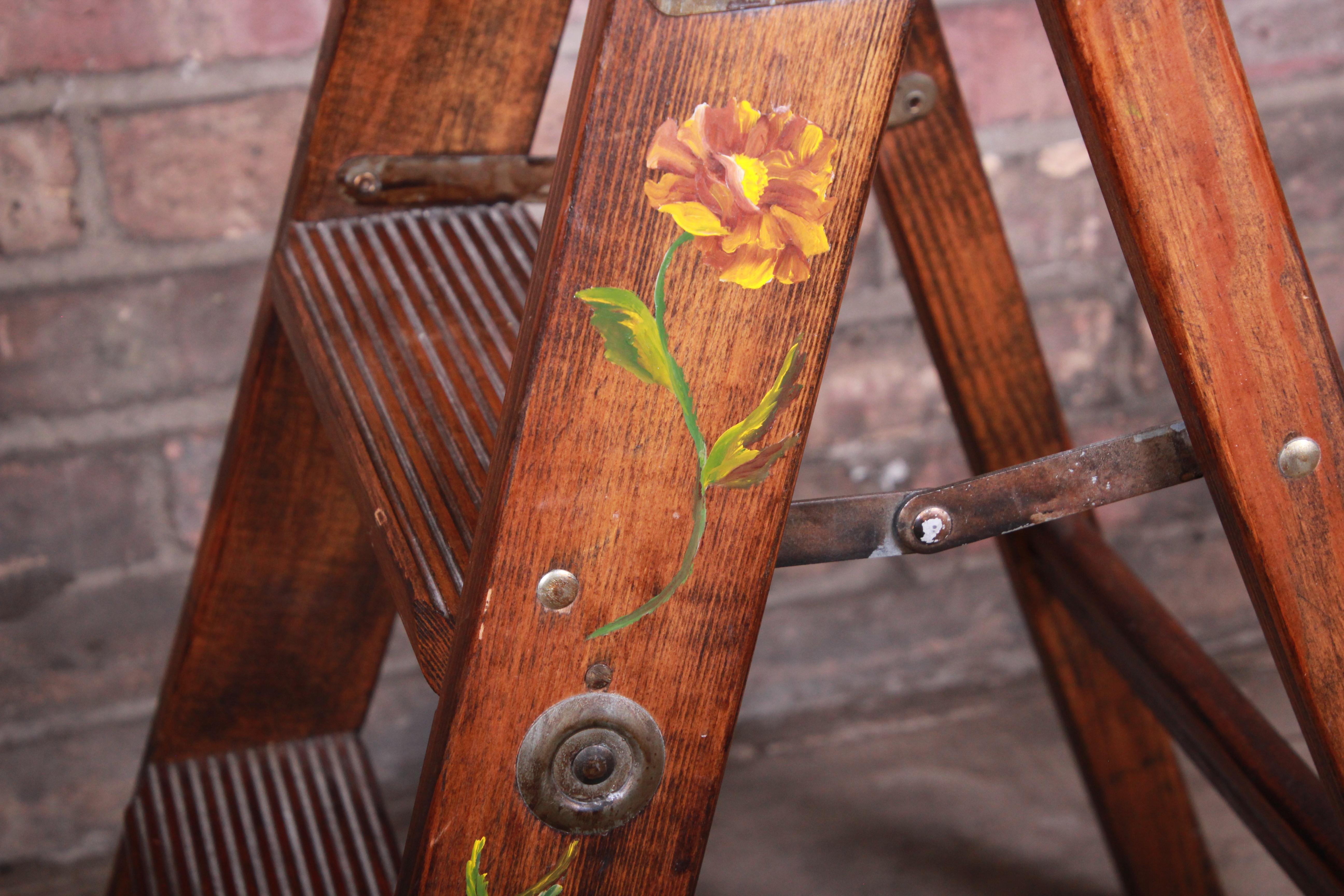 American Vintage Hand Painted Wooden Step Ladder
