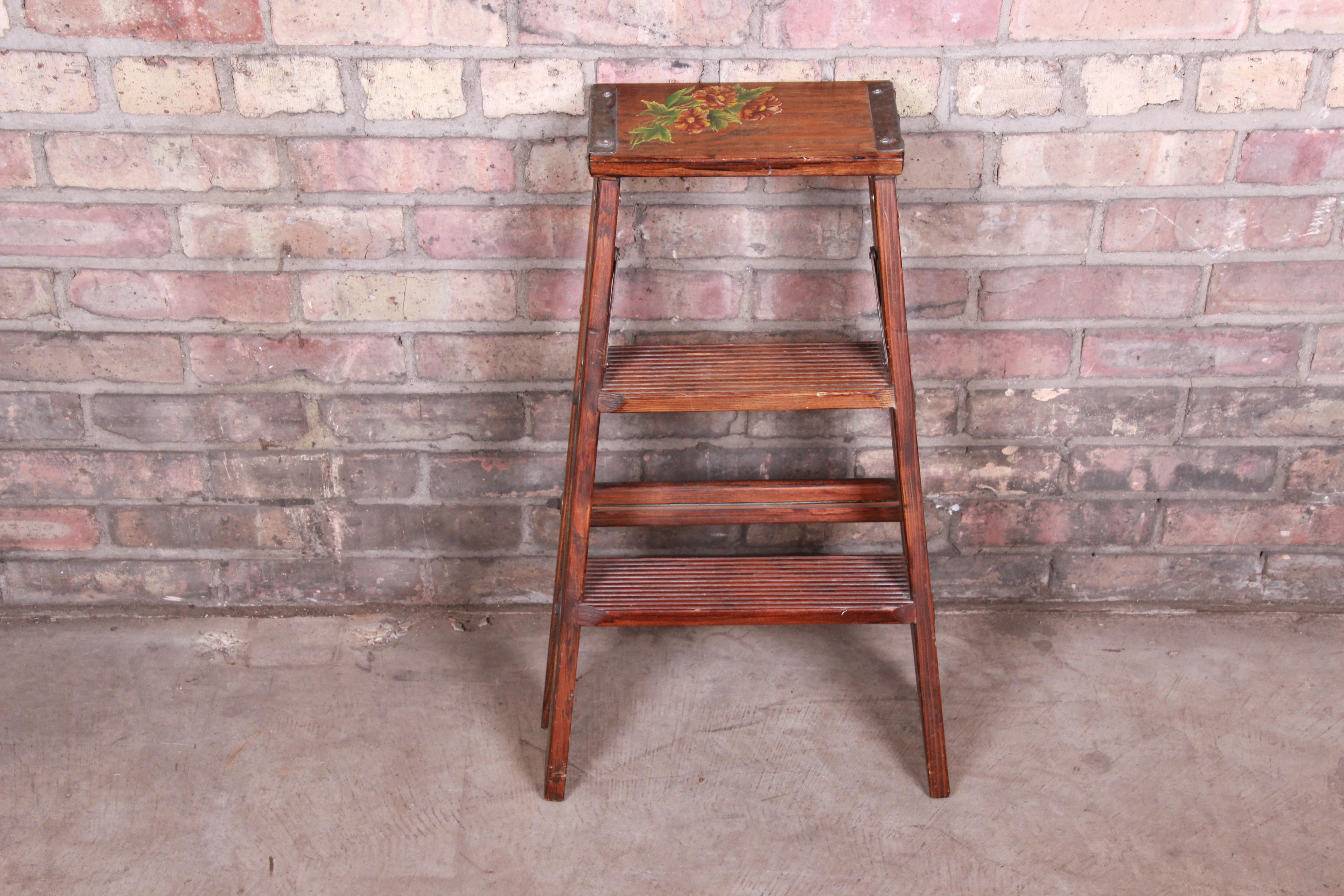 Vintage Hand Painted Wooden Step Ladder In Good Condition In South Bend, IN