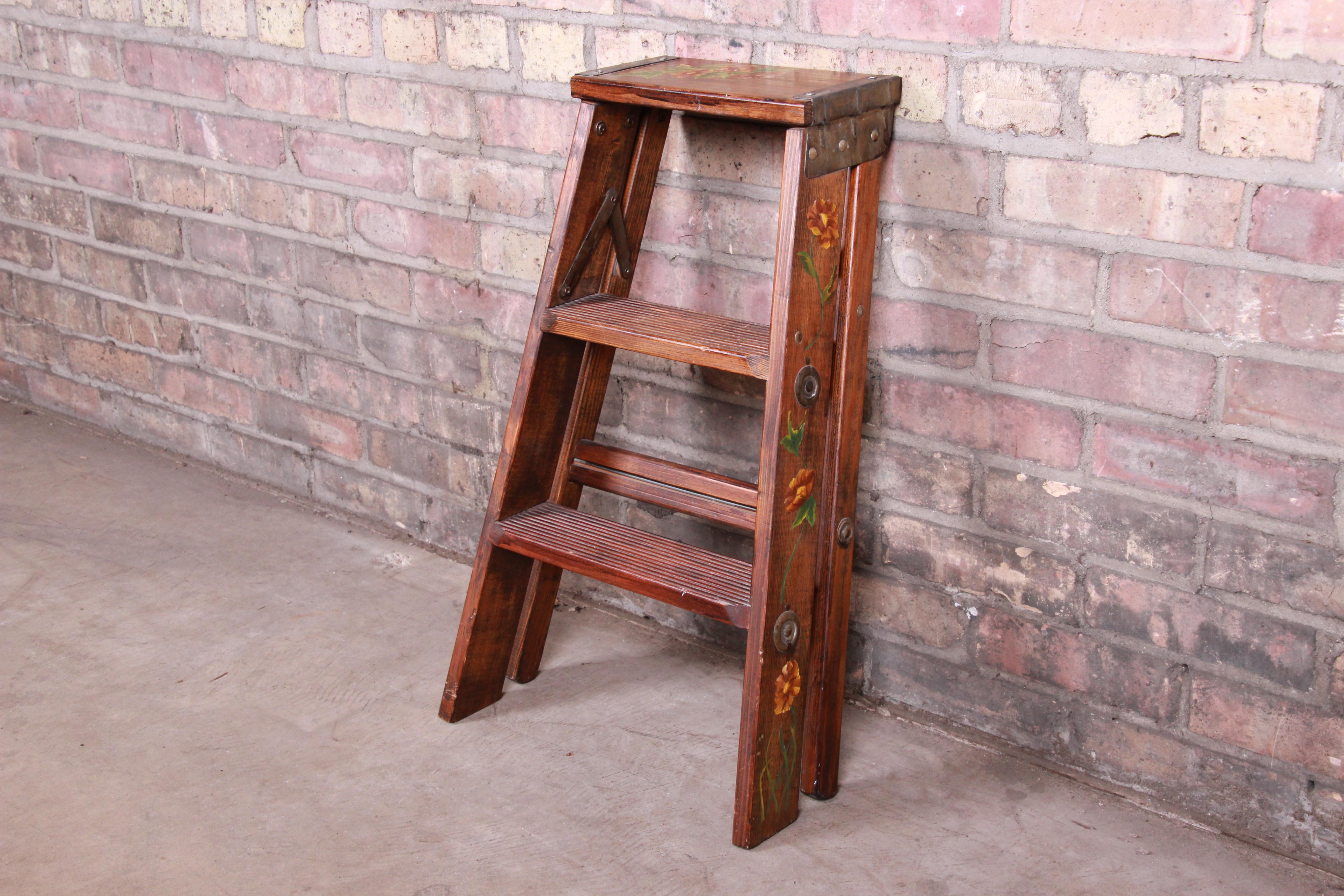 20th Century Vintage Hand Painted Wooden Step Ladder