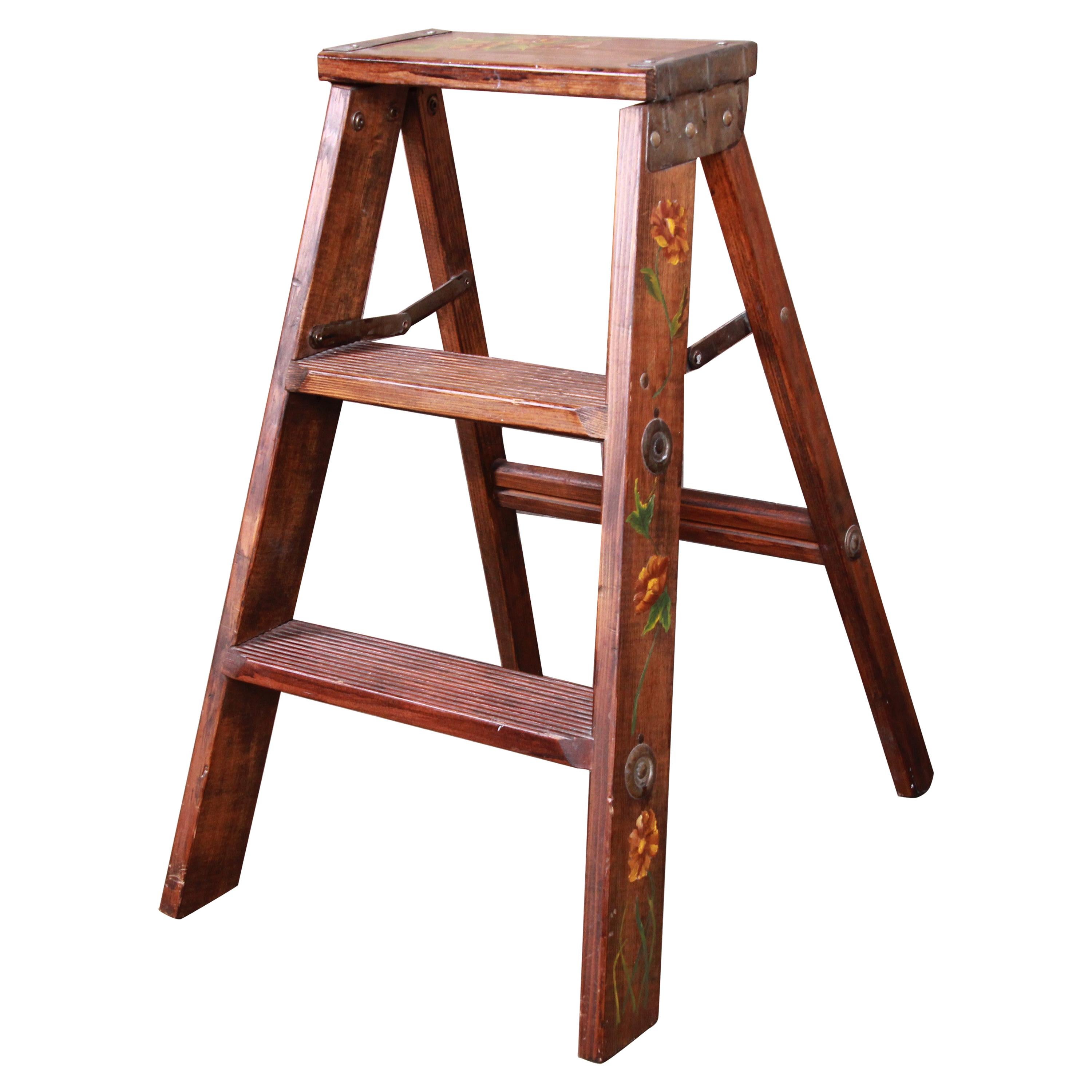 Vintage Hand Painted Wooden Step Ladder