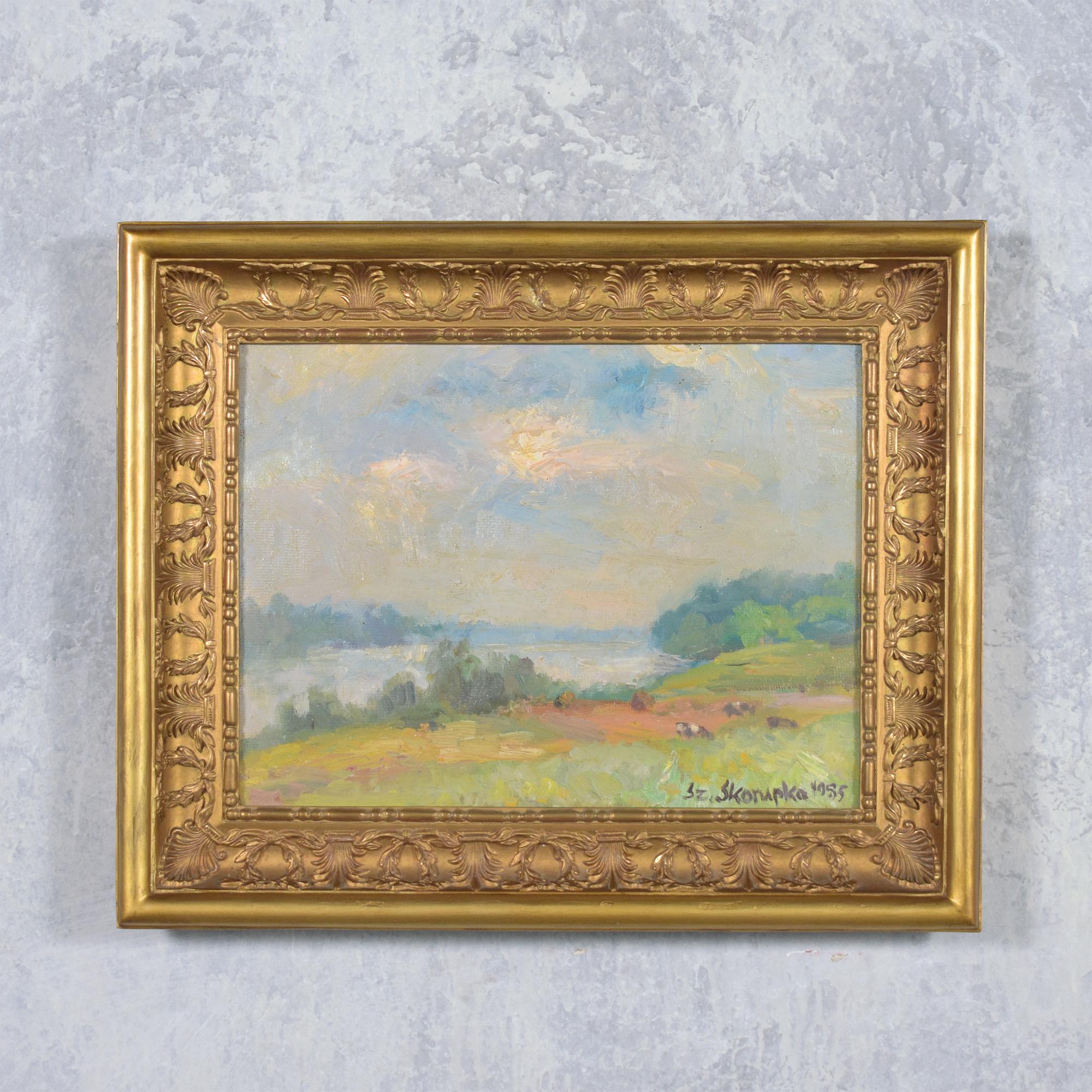 Step into the peaceful landscapes of rural Poland with our vintage hand painting on board, a masterpiece that beautifully captures the essence of nature's tranquility. Signed by the artist, this exceptional artwork showcases the serene beauty of