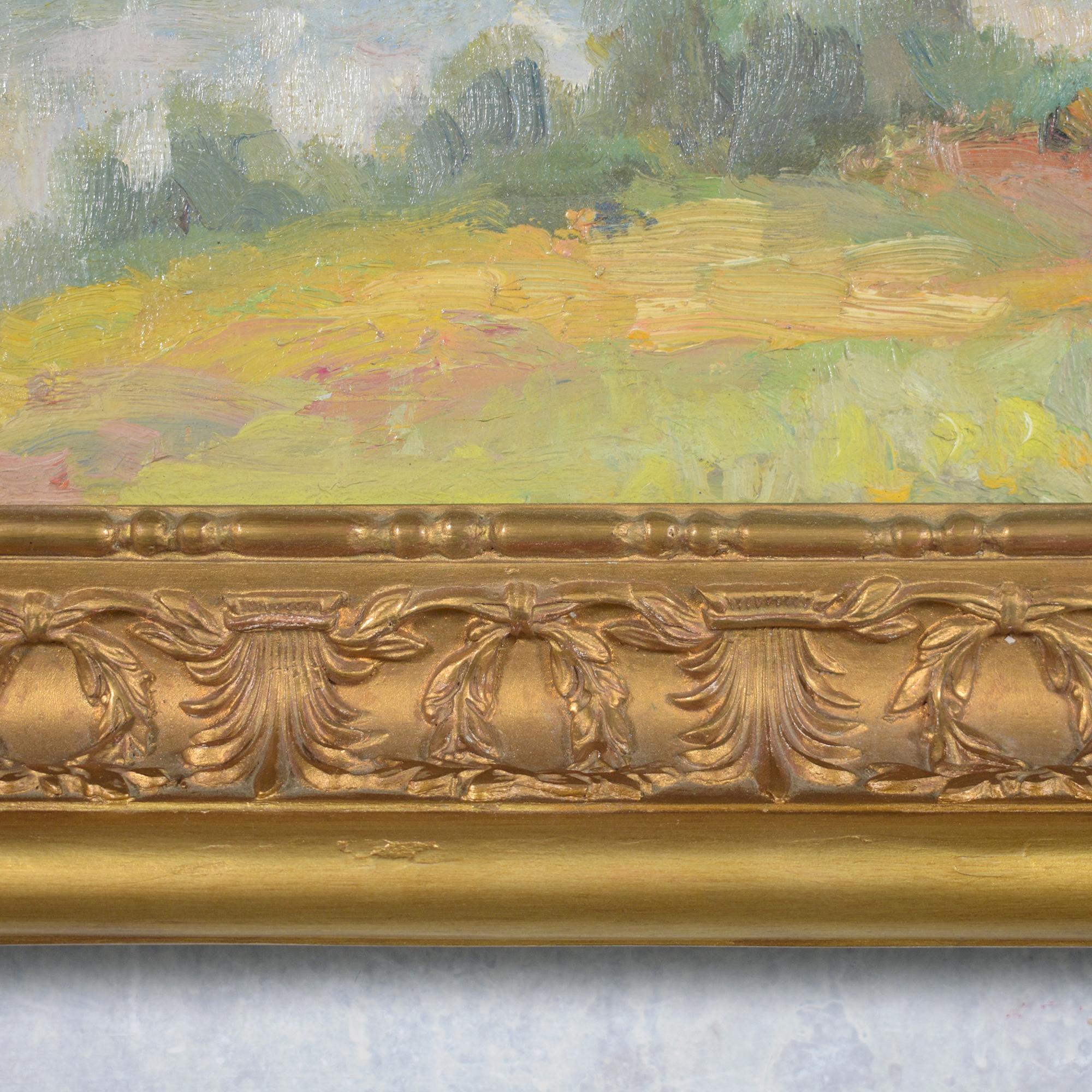 Hand-Painted Vintage Hand Painting of Rural Poland: Serenity Captured in Gilt Frame For Sale