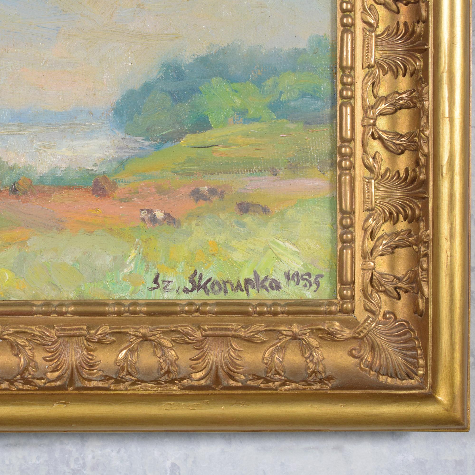 Vintage Hand Painting of Rural Poland: Serenity Captured in Gilt Frame In Good Condition For Sale In Los Angeles, CA