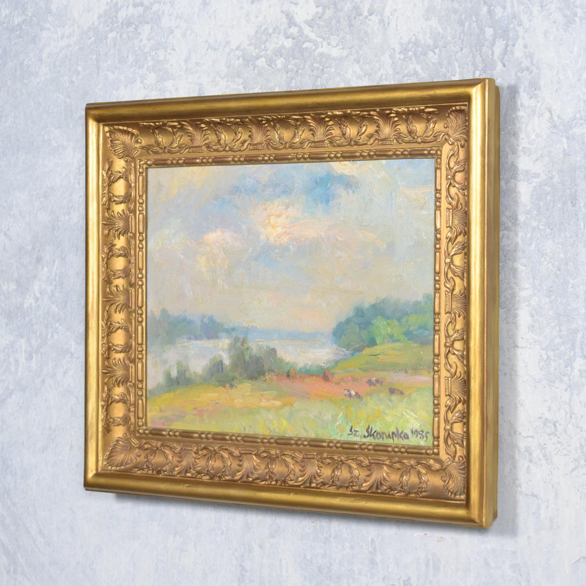 Late 20th Century Vintage Hand Painting of Rural Poland: Serenity Captured in Gilt Frame For Sale