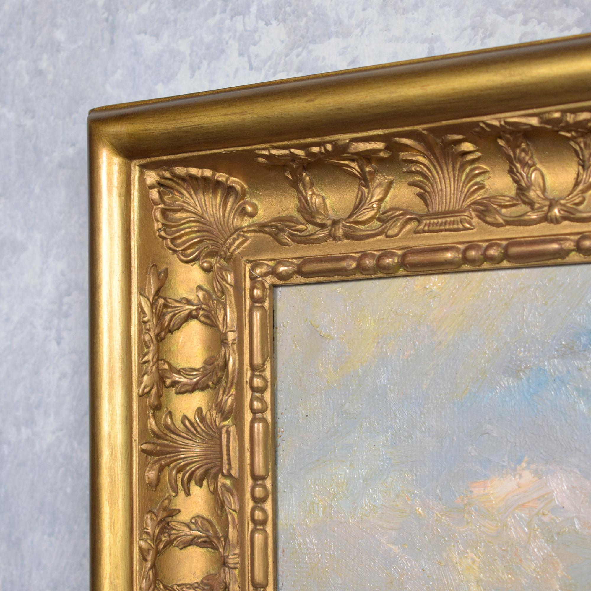 Lacquer Vintage Hand Painting of Rural Poland: Serenity Captured in Gilt Frame For Sale