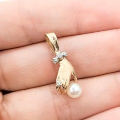 Vintage Hand Pearl & Diamond Pendant in 10k Yellow Gold