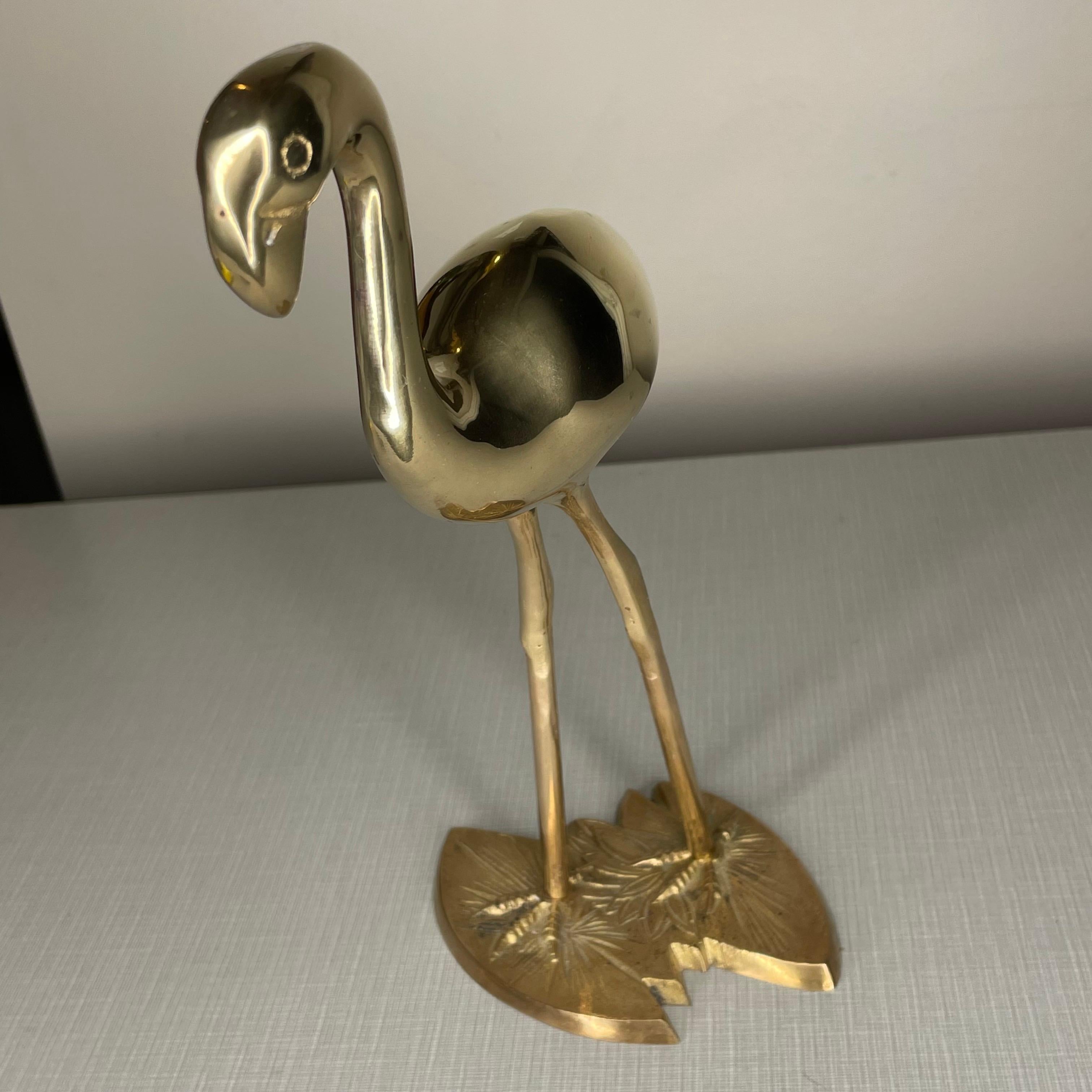 Hollywood Regency Vintage Hand Polished Brass Flamingo Figure For Sale