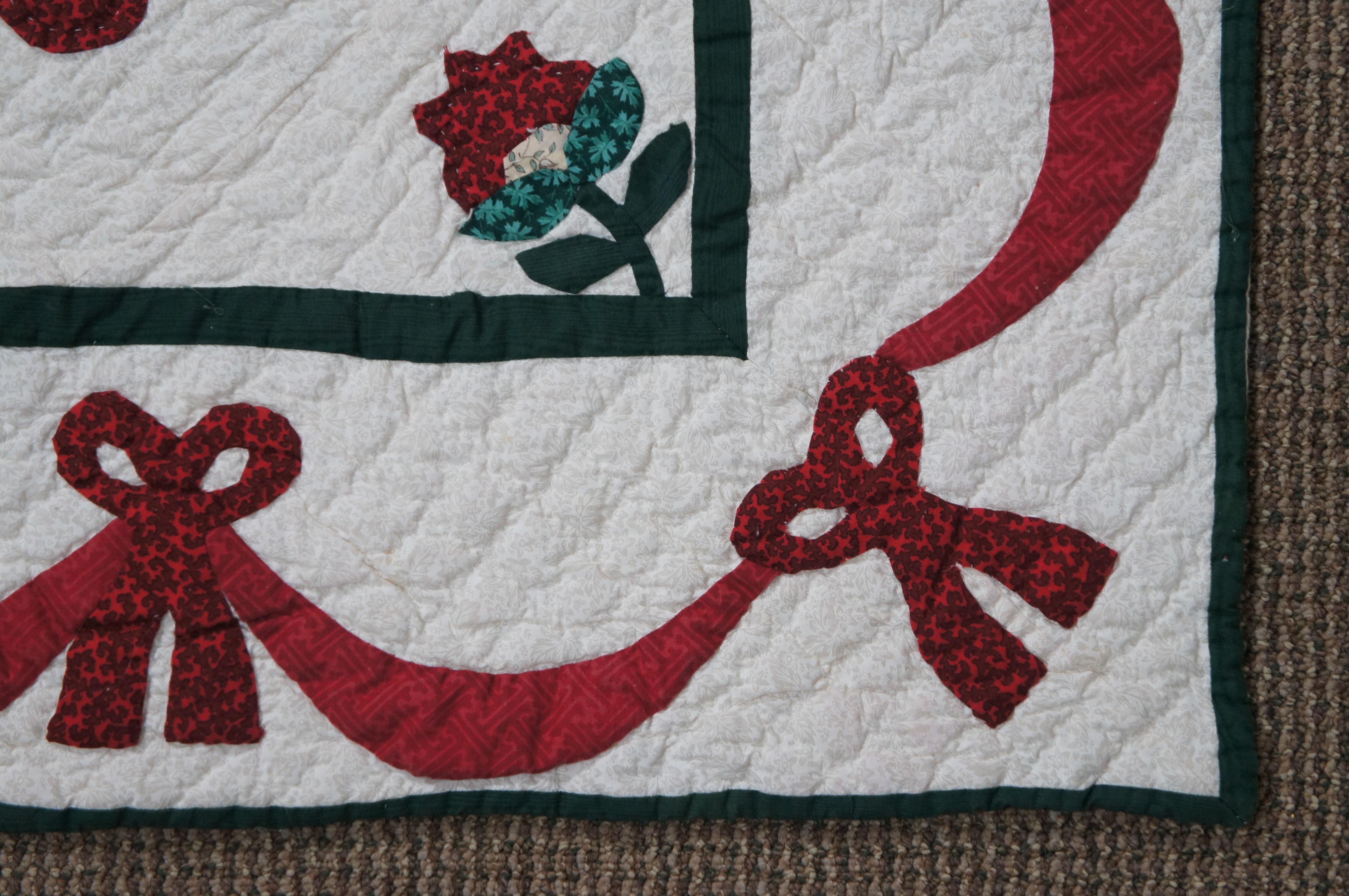 Folk Art Vintage Hand Sewn Red & Green Floral Quilt Full Size Bedspread Applique Patchwrk For Sale