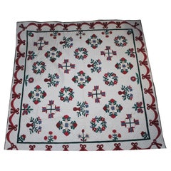 Vintage Hand Sewn Red & Green Floral Quilt Full Size Bedspread Applique Patchwrk