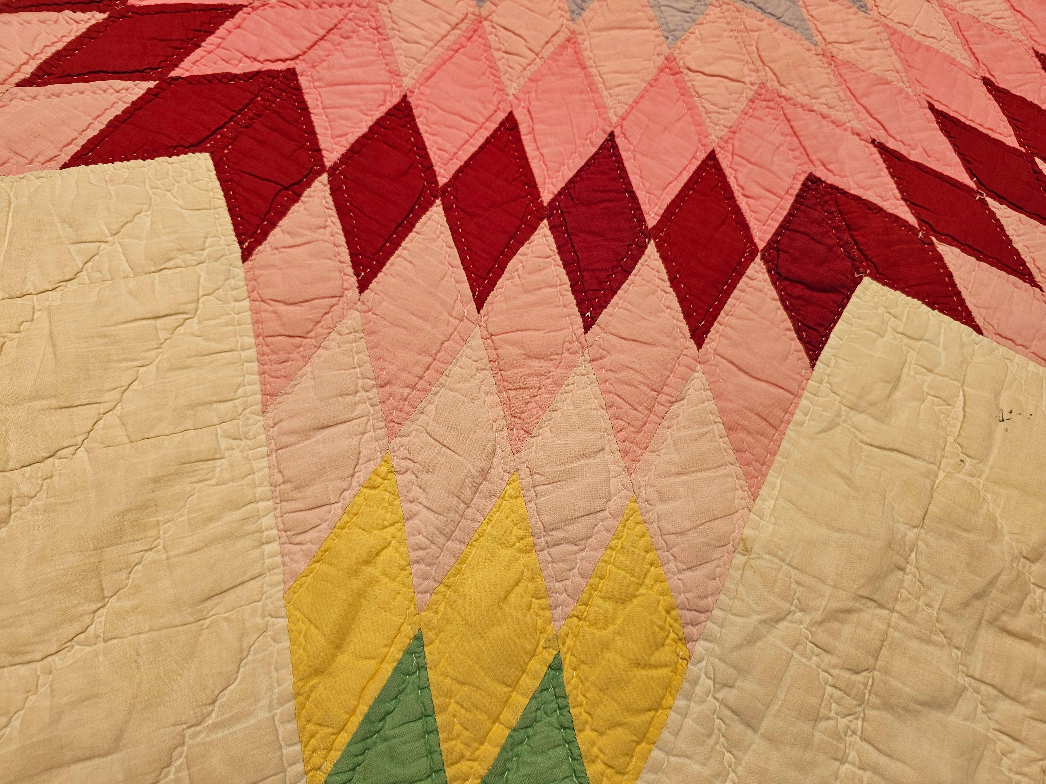 Vintage Hand-Stitched and Hand-Quilted Lone Star Quilt in Green, Yellow, Red For Sale 3