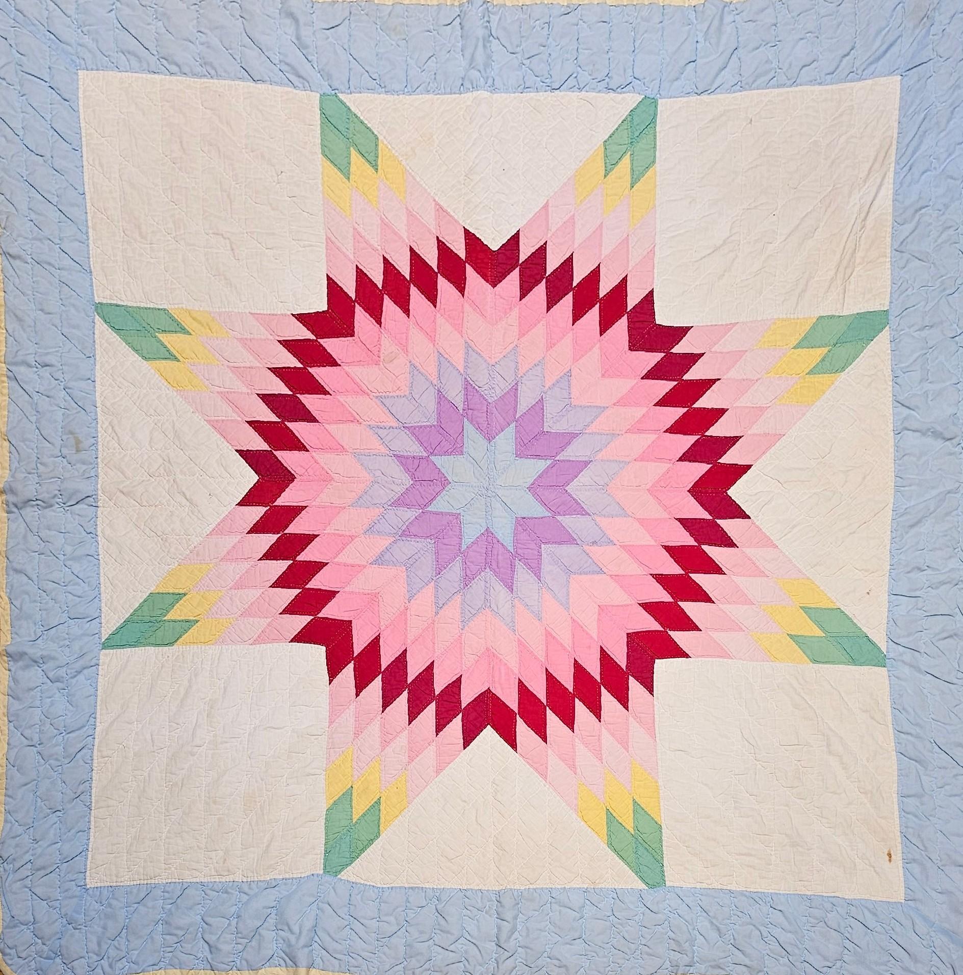 Vintage Hand-Stitched and Hand-Quilted Lone Star Quilt in Green, Yellow, Red For Sale 9