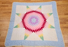 Vintage Hand-Stitched and Hand-Quilted Lone Star Quilt in Green, Yellow, Red