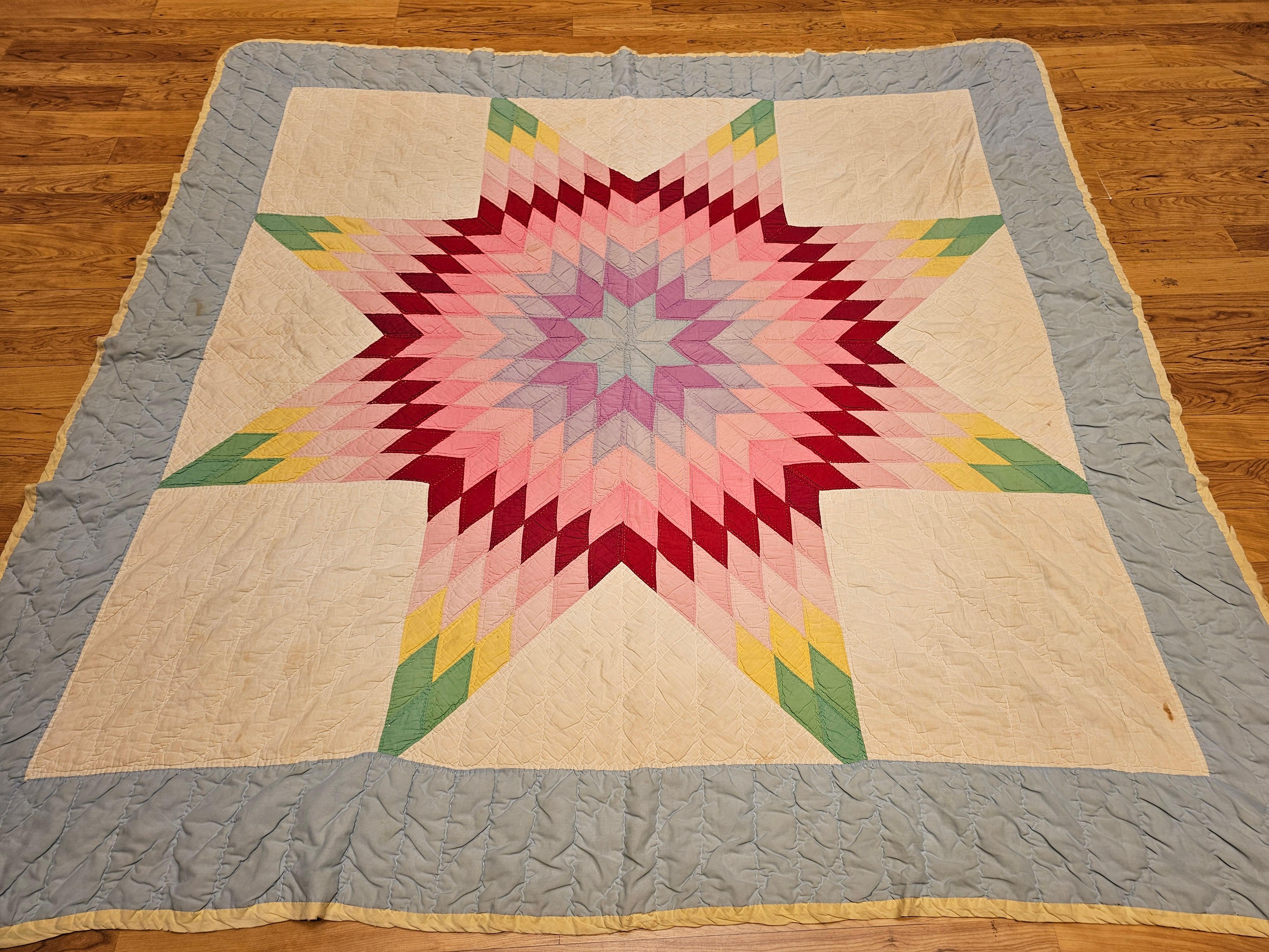 American Vintage Hand-Stitched and Hand-Quilted Lone Star Quilt in Green, Yellow, Red For Sale