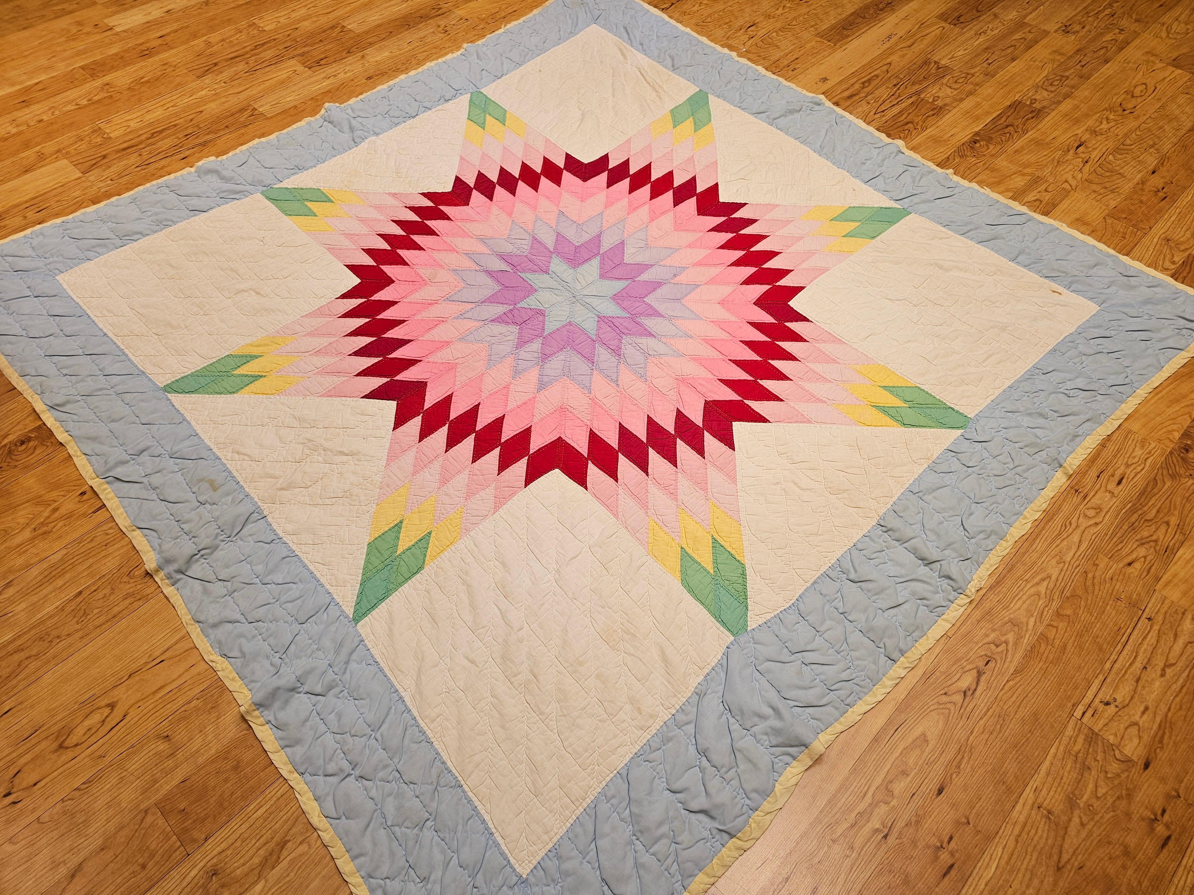 Hand-Crafted Vintage Hand-Stitched and Hand-Quilted Lone Star Quilt in Green, Yellow, Red For Sale