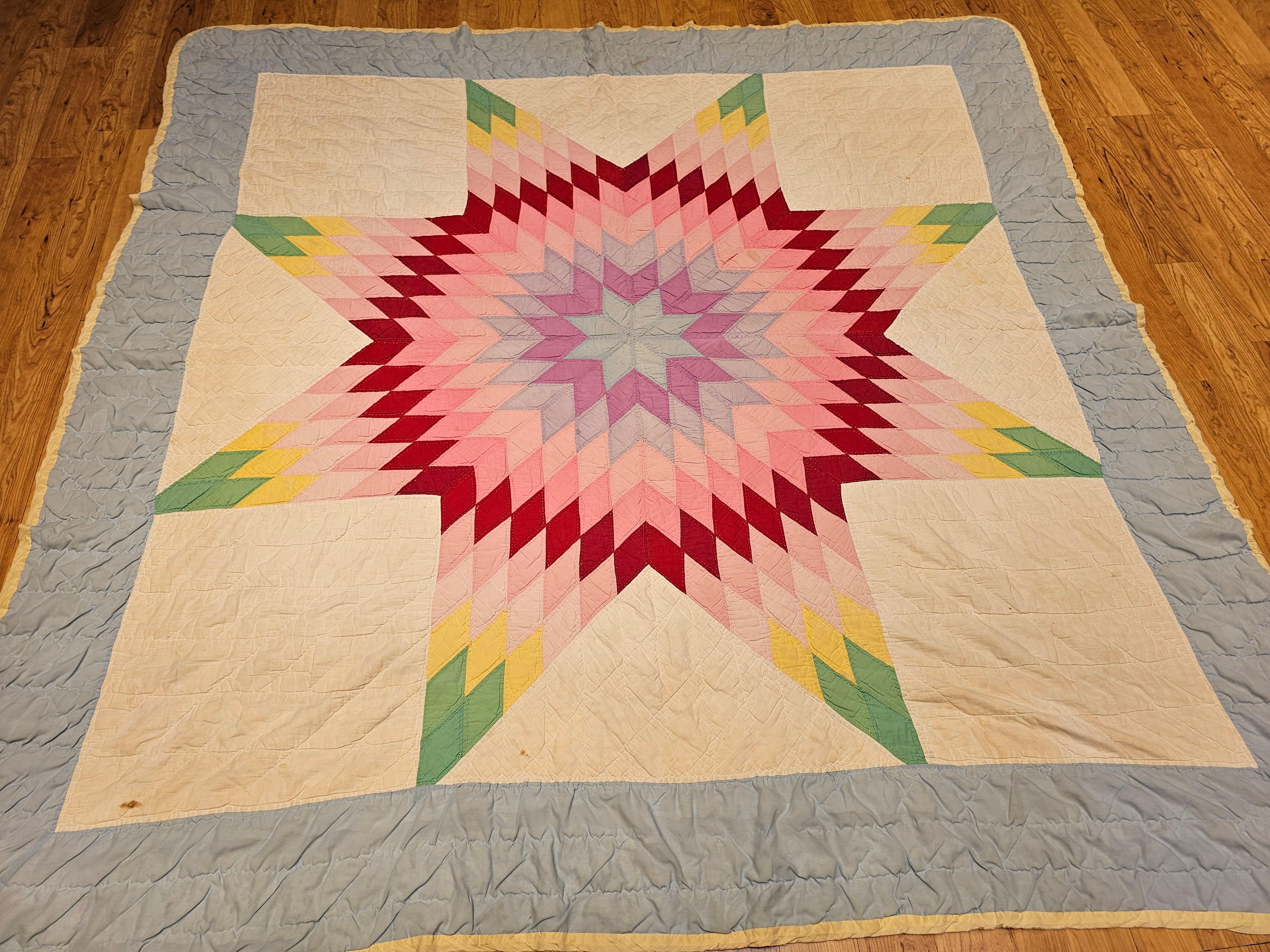 20th Century Vintage Hand-Stitched and Hand-Quilted Lone Star Quilt in Green, Yellow, Red For Sale