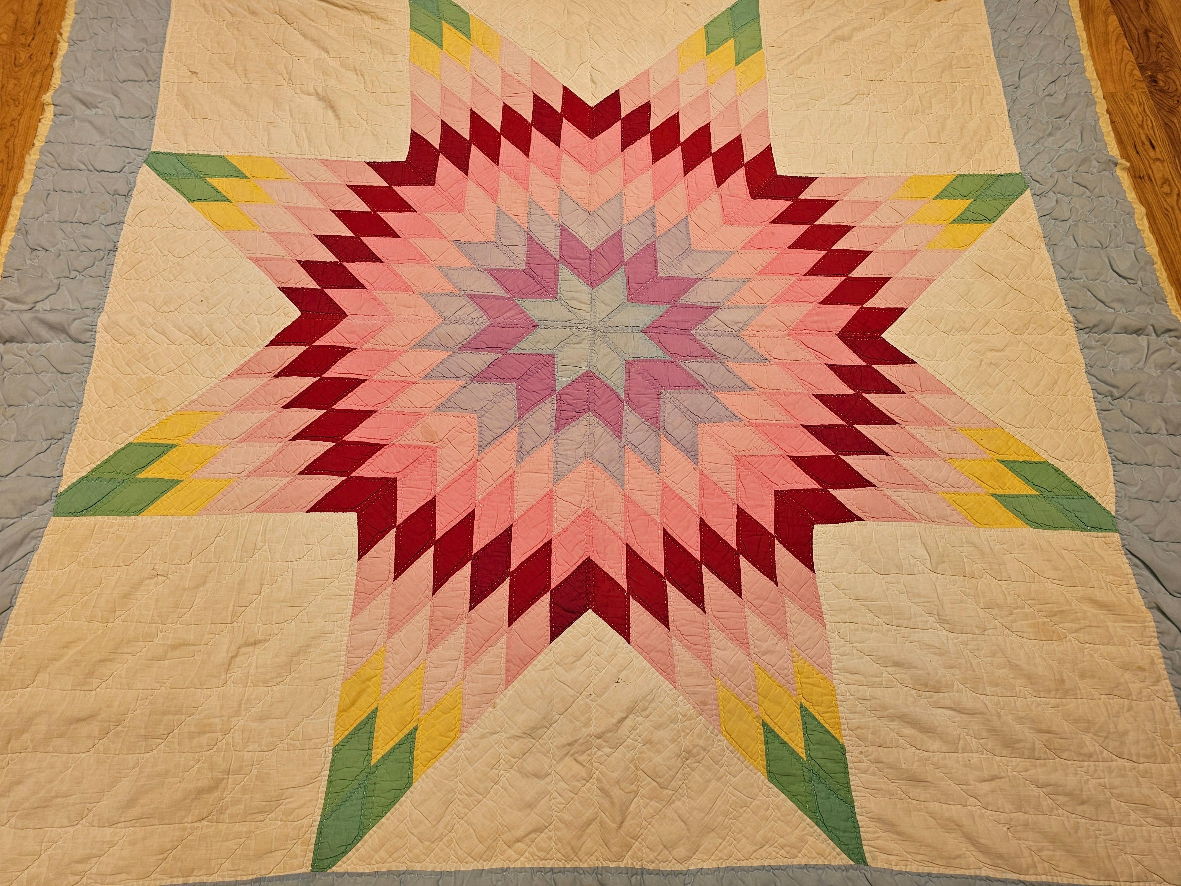 Cotton Vintage Hand-Stitched and Hand-Quilted Lone Star Quilt in Green, Yellow, Red For Sale
