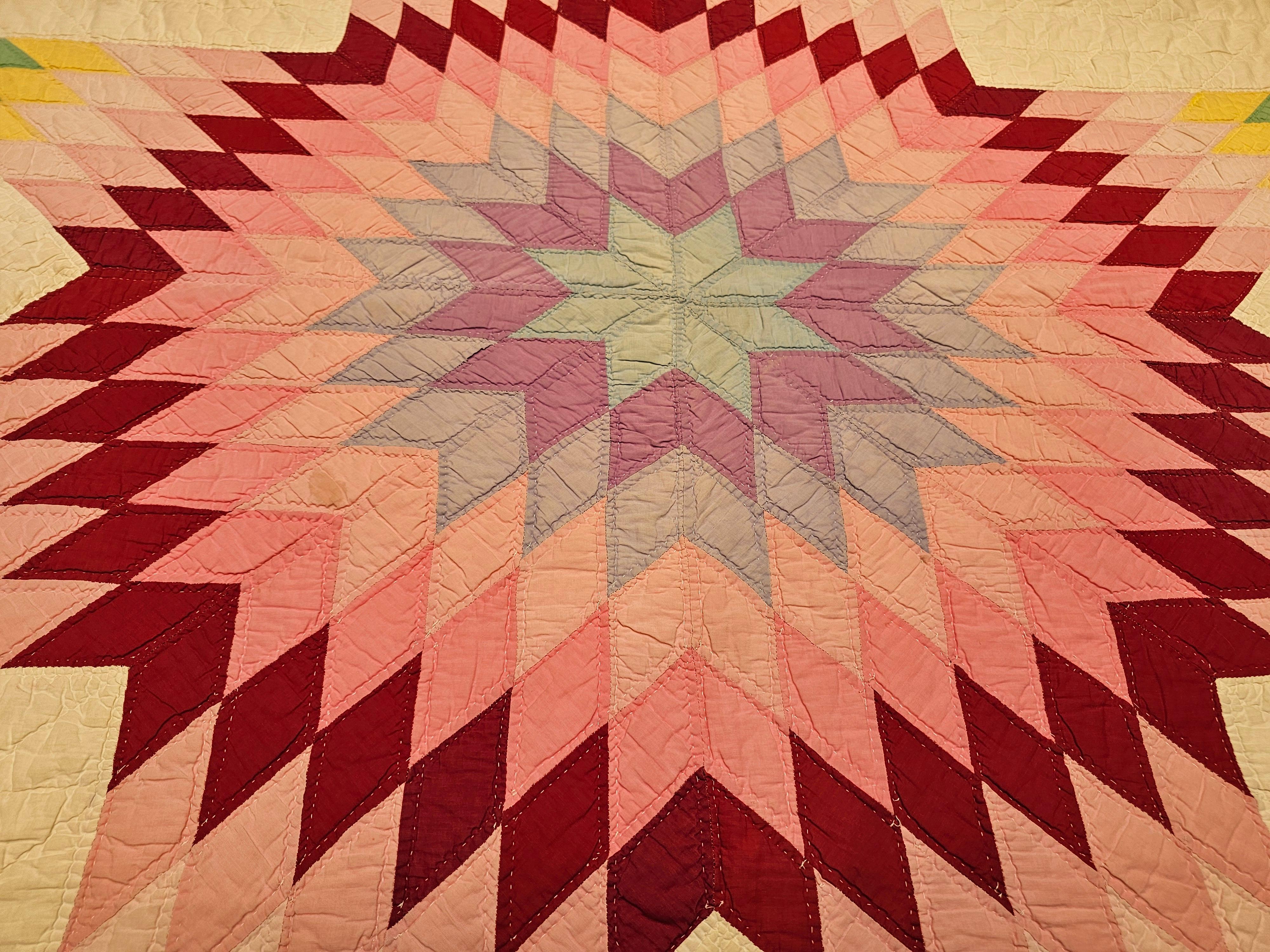 Vintage Hand-Stitched and Hand-Quilted Lone Star Quilt in Green, Yellow, Red For Sale 1