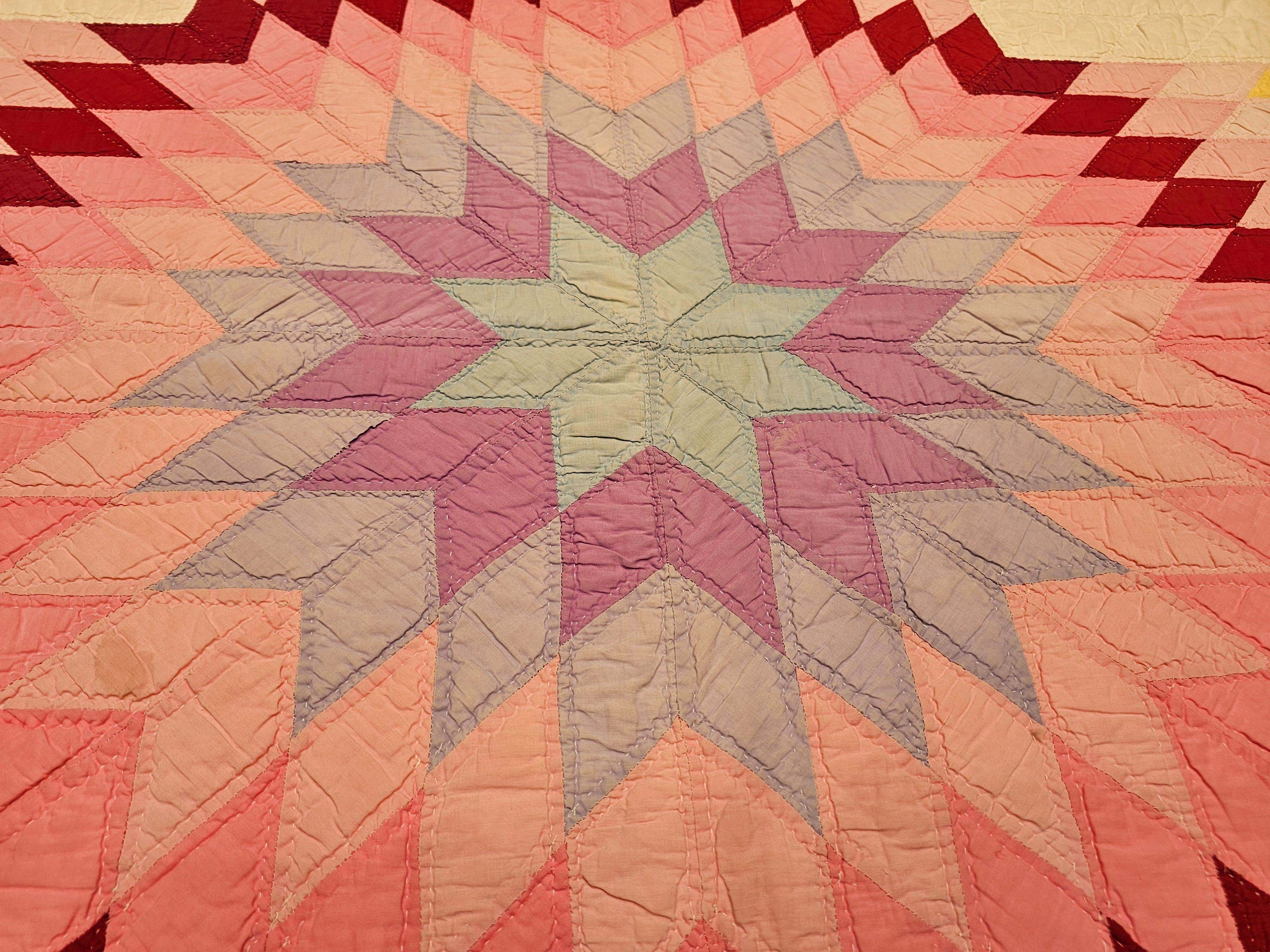 Vintage Hand-Stitched and Hand-Quilted Lone Star Quilt in Green, Yellow, Red For Sale 2