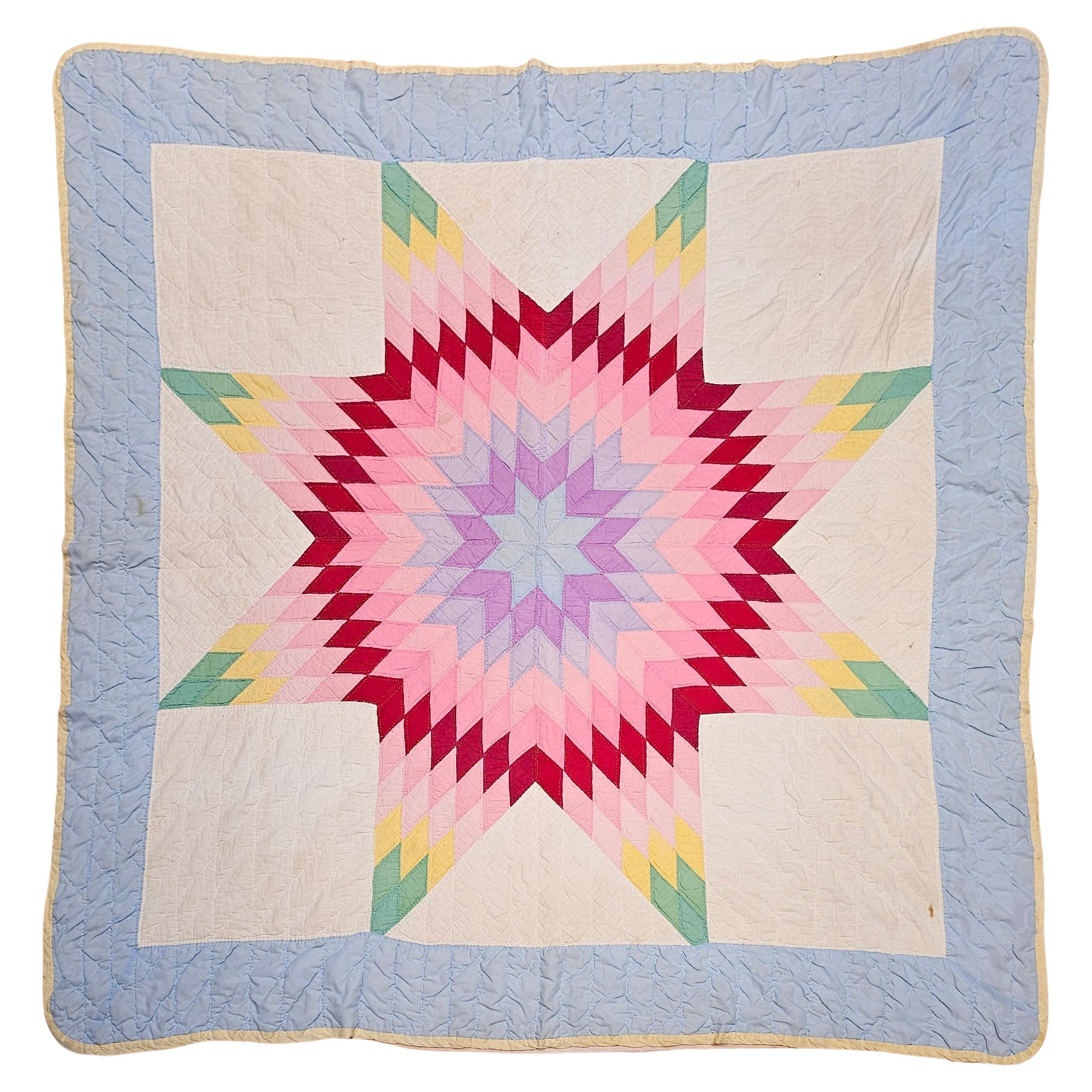 Colcha vintage Lone Star cosida y acolchada a mano en verde, amarillo y rojo