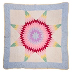 Vintage Hand-Stitched and Hand-Quilted Lone Star Quilt in Green, Yellow, Red