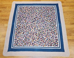 Vintage Hand Stitched and Hand Quilted Postage Stamp Quilt  in Blue, Ivory, Red