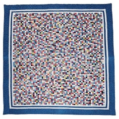Vintage Hand Stitched and Hand Quilted Postage Stamp Quilt  in Blue, Ivory, Red