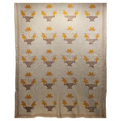 Vintage Hand Stitched Applique Quilt in Basket Pattern in Ivory, Brown, Yellow