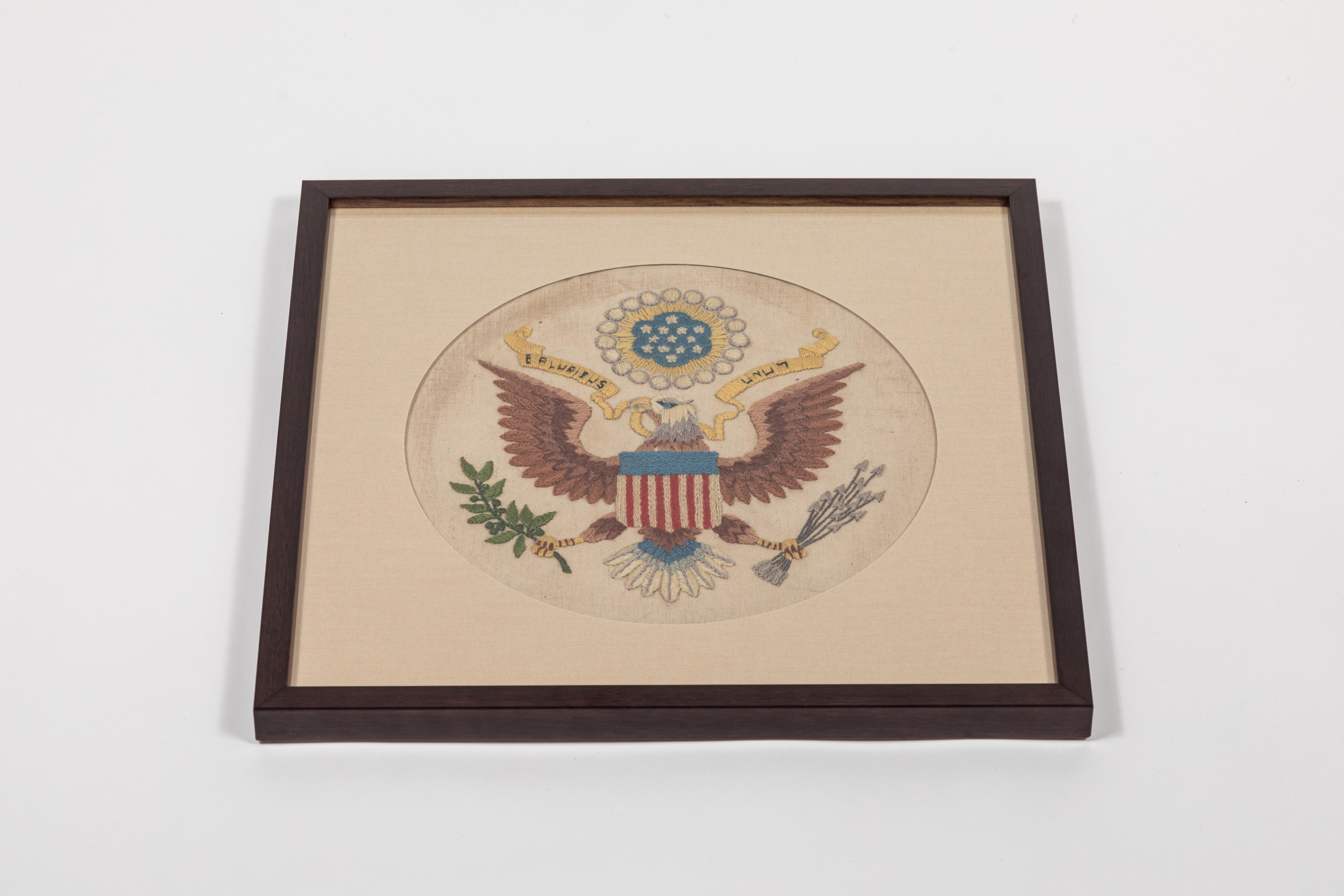 Vintage handstitched wool and linen crewel panel / US National Emblem, newly framed.






   