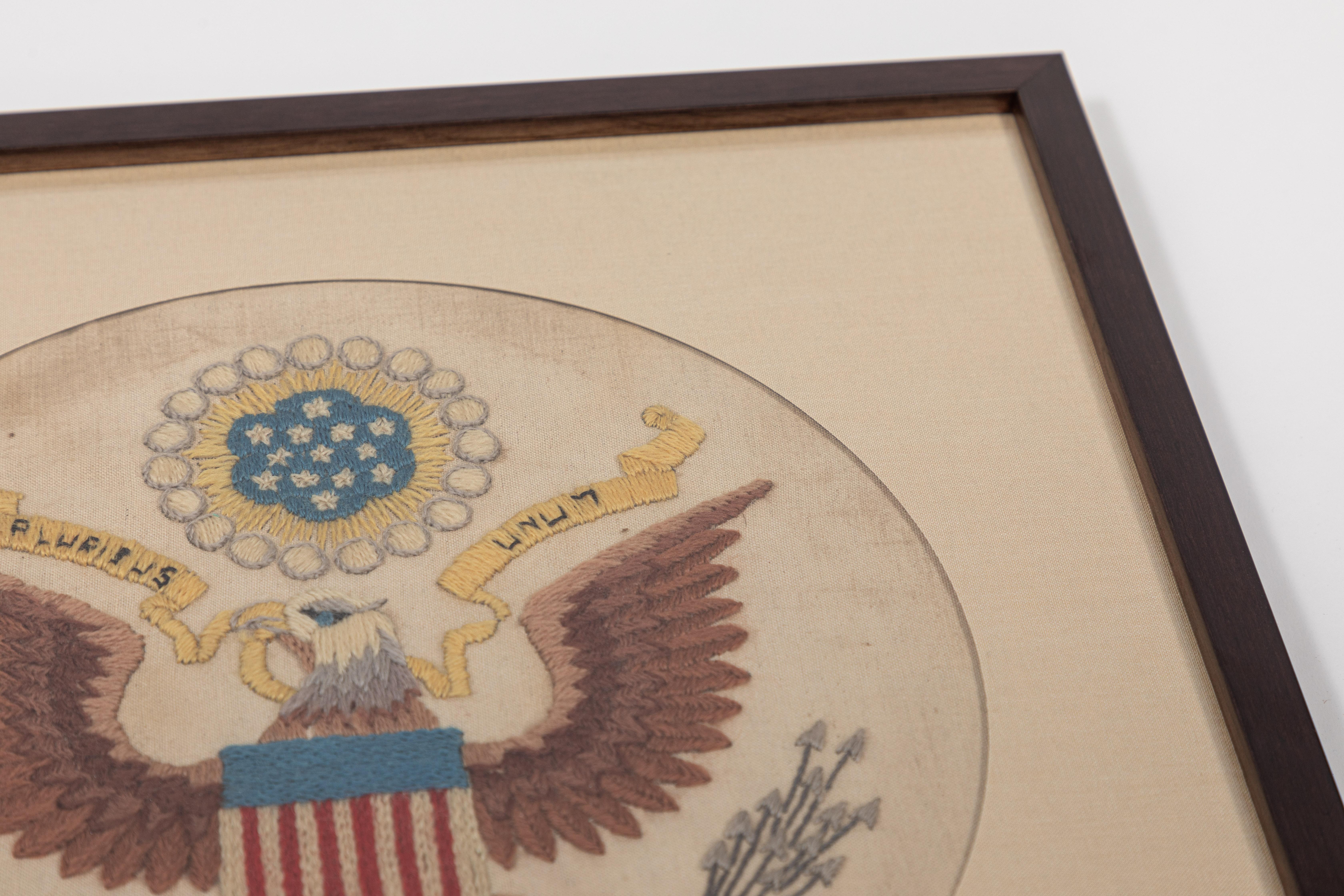 Wood Vintage Handstitched Crewel Panel / US National Emblem