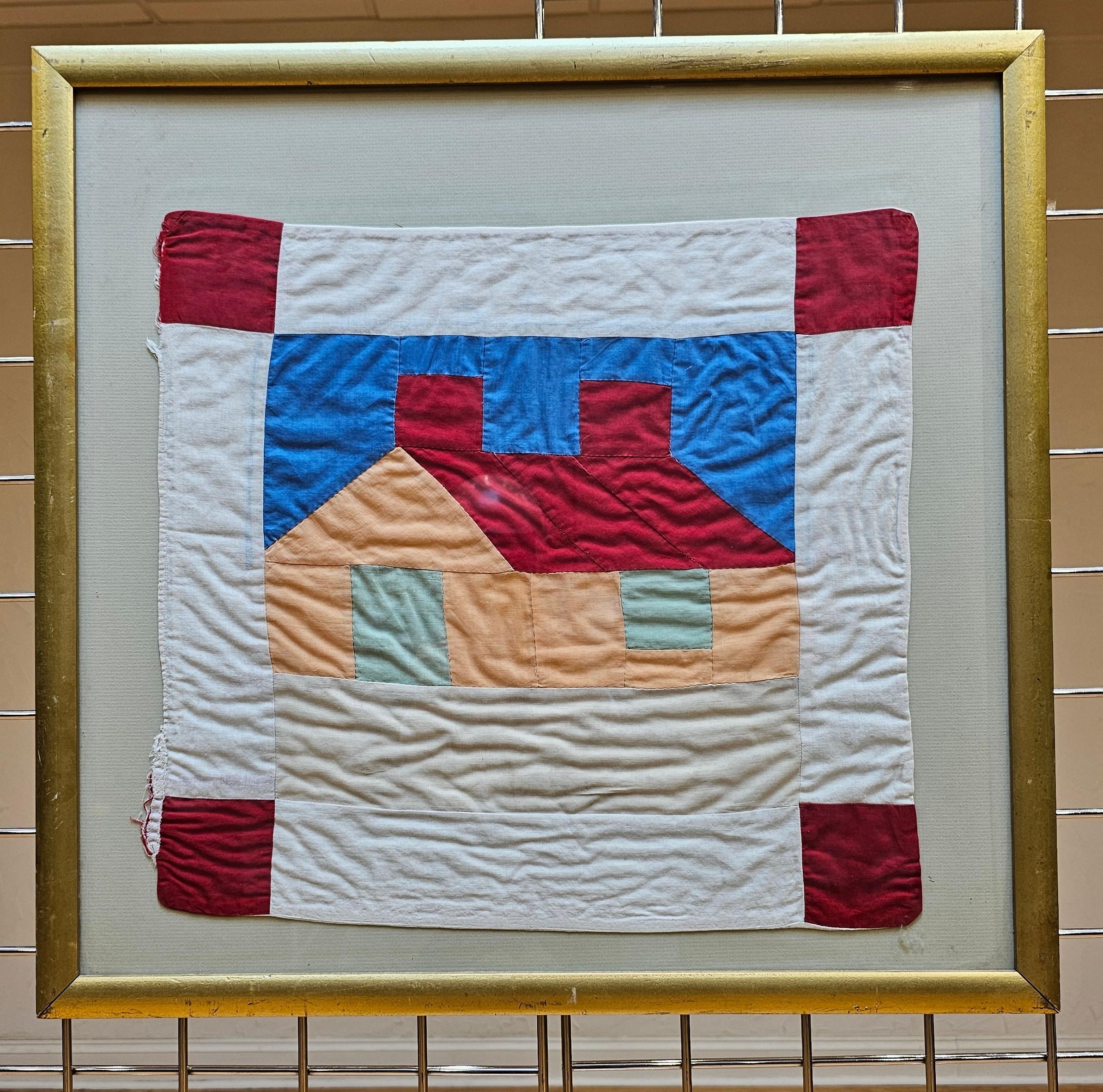Framed Hand Embroidered Vintage Crib Quilt of a Cabin in Red, Green, Peach, Blue For Sale 4