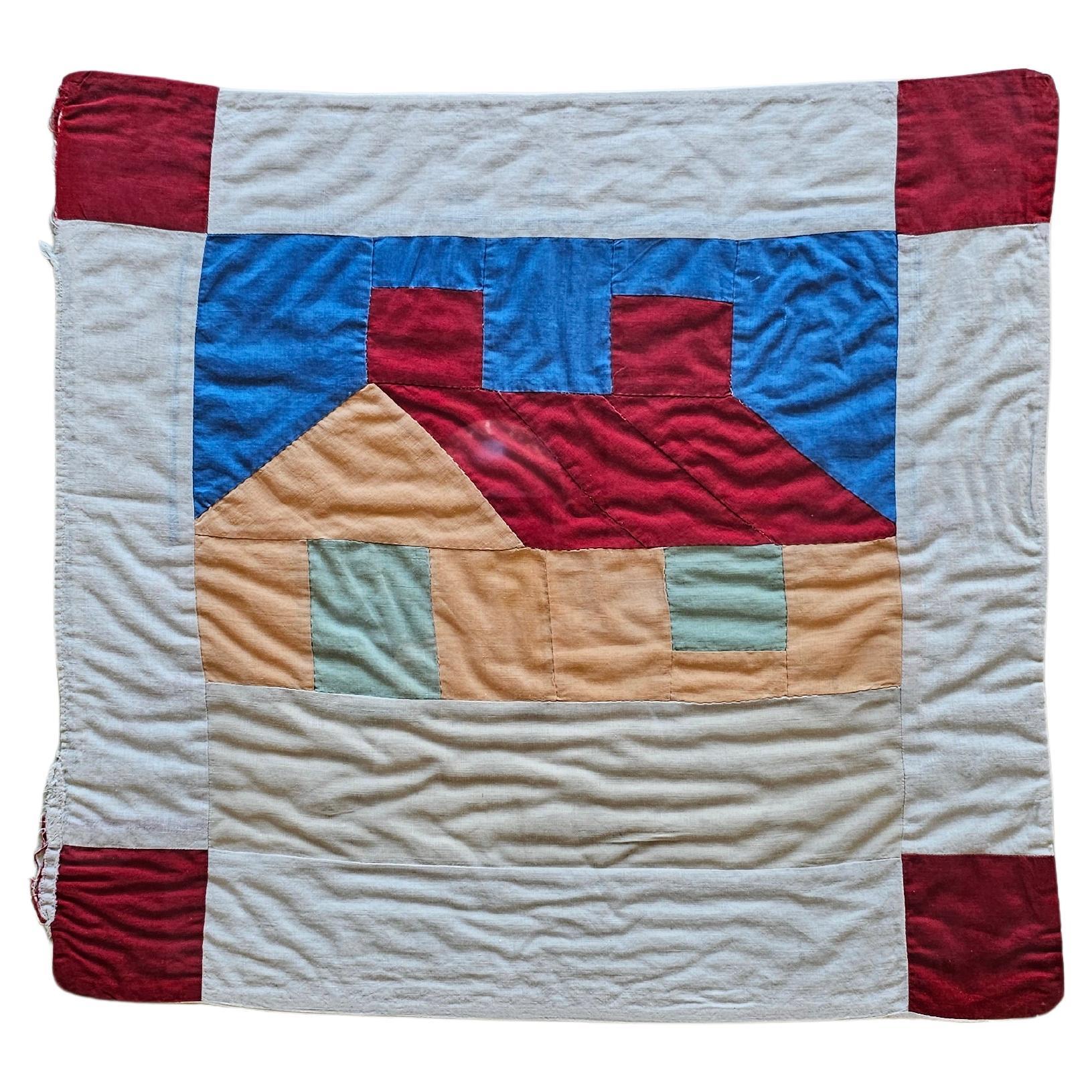 Vintage Hand Stitched Crib Quilt in Red, Green, Peach, Blue Framed as Wall Art