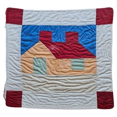 Used Hand Stitched Crib Quilt in Red, Green, Peach, Blue Framed as Wall Art