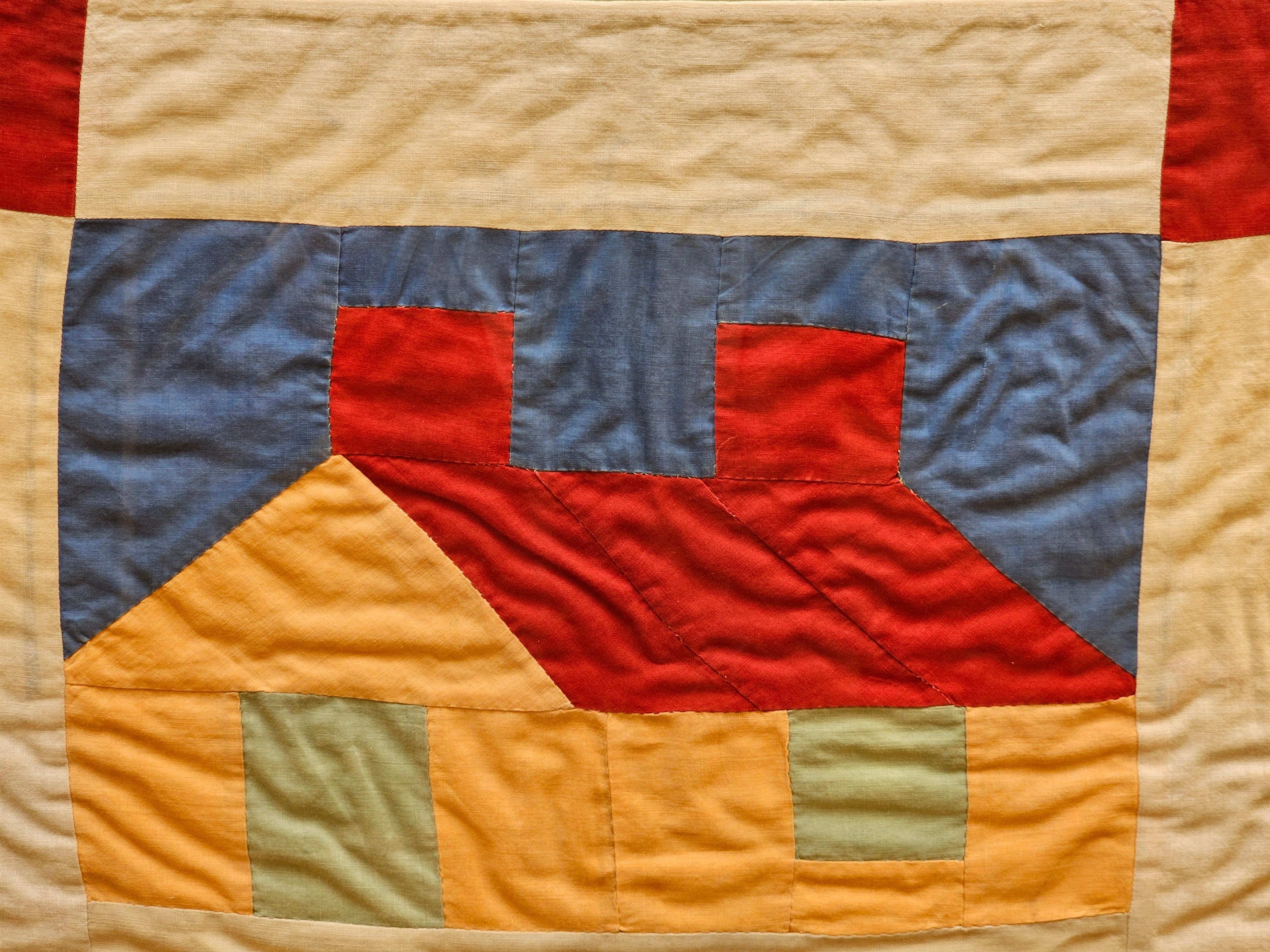 Vintage Hand Stitched Crib Quilt in Red, Green, Peach, Blue Framed as Wall Art In Good Condition For Sale In Barrington, IL