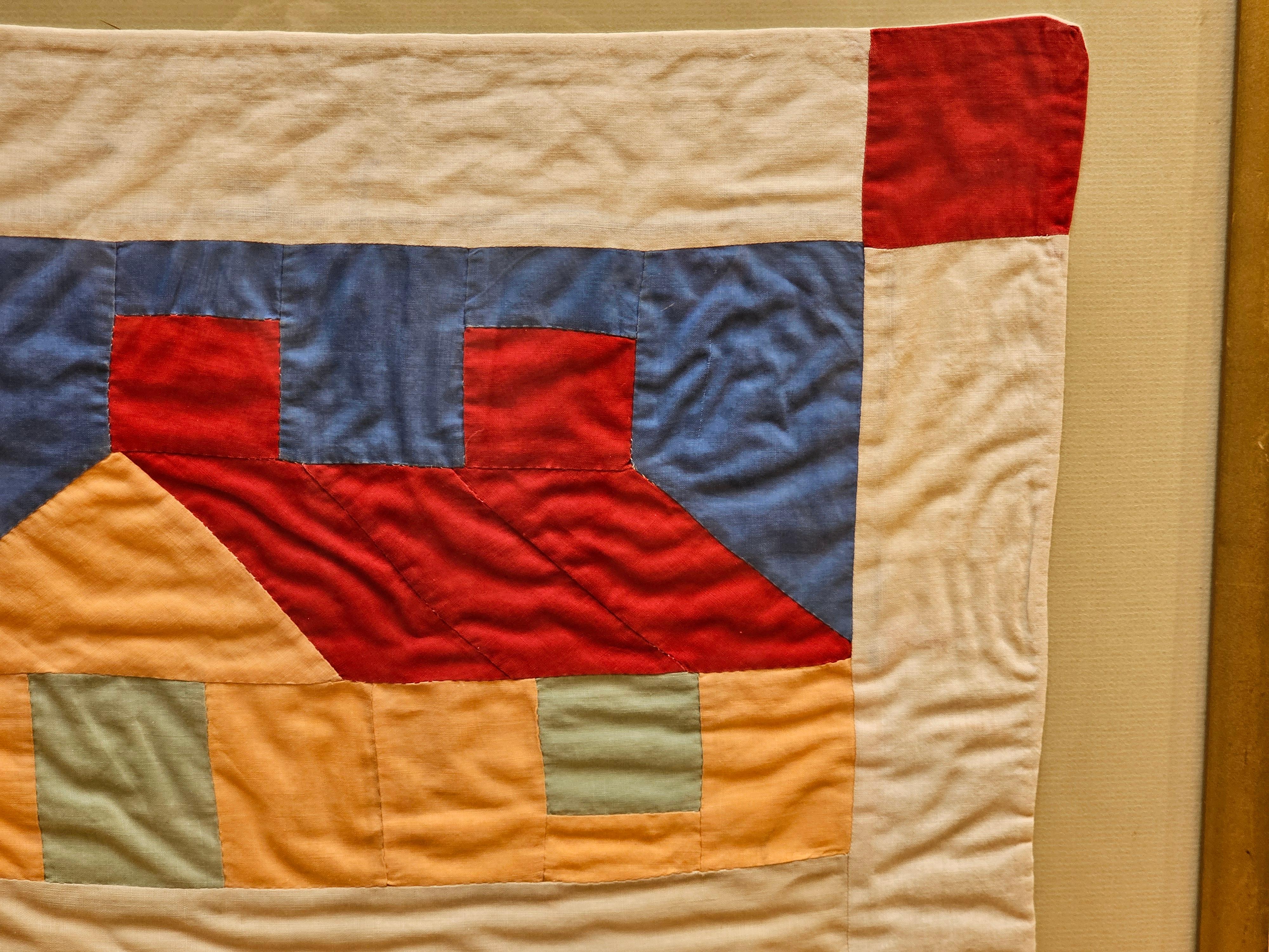 Cotton Vintage Hand Stitched Crib Quilt in Red, Green, Peach, Blue Framed as Wall Art For Sale