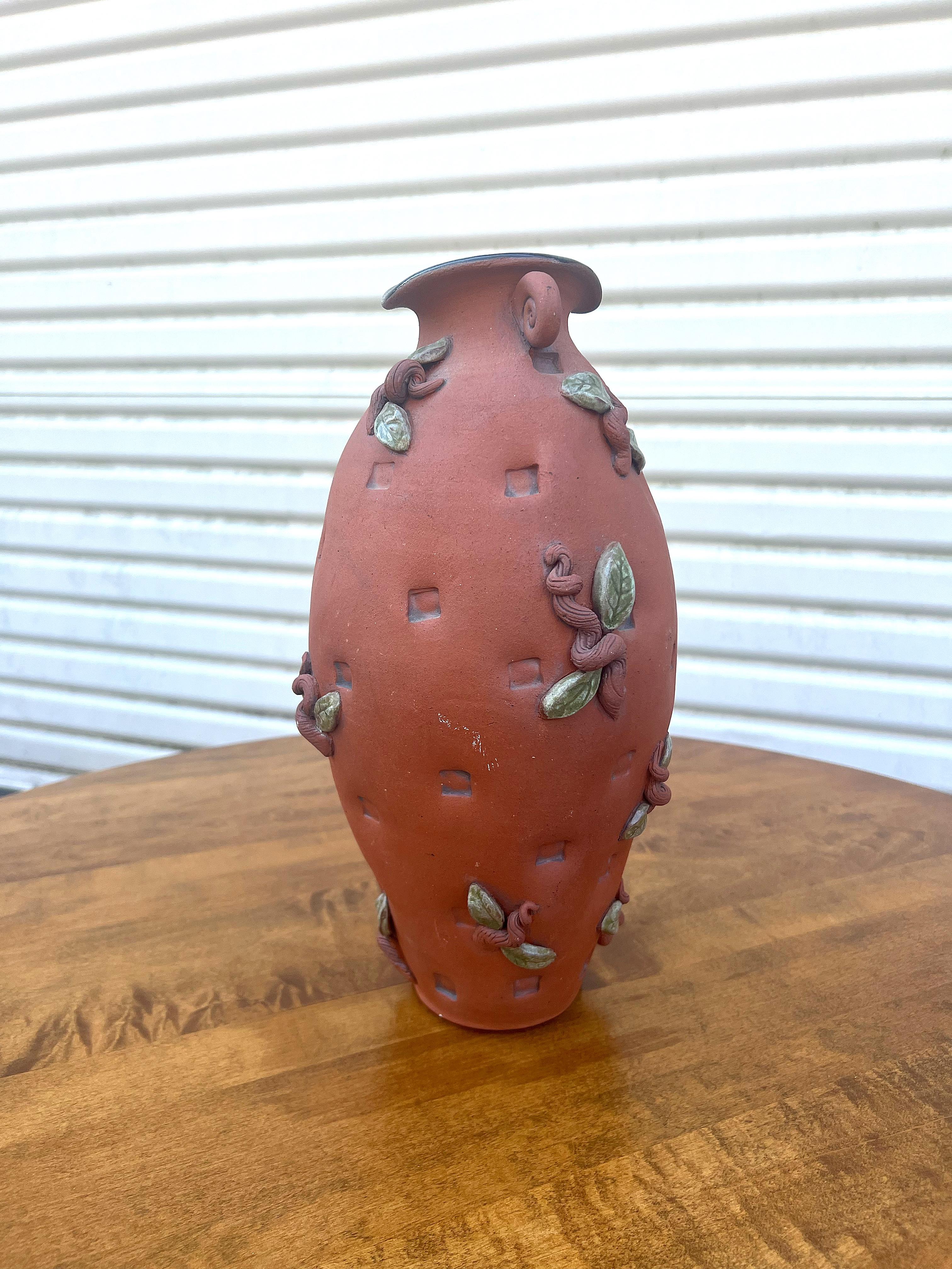 Appliqué Vintage Hand Thrown Pottery Terra Cotta Vase, Signed For Sale